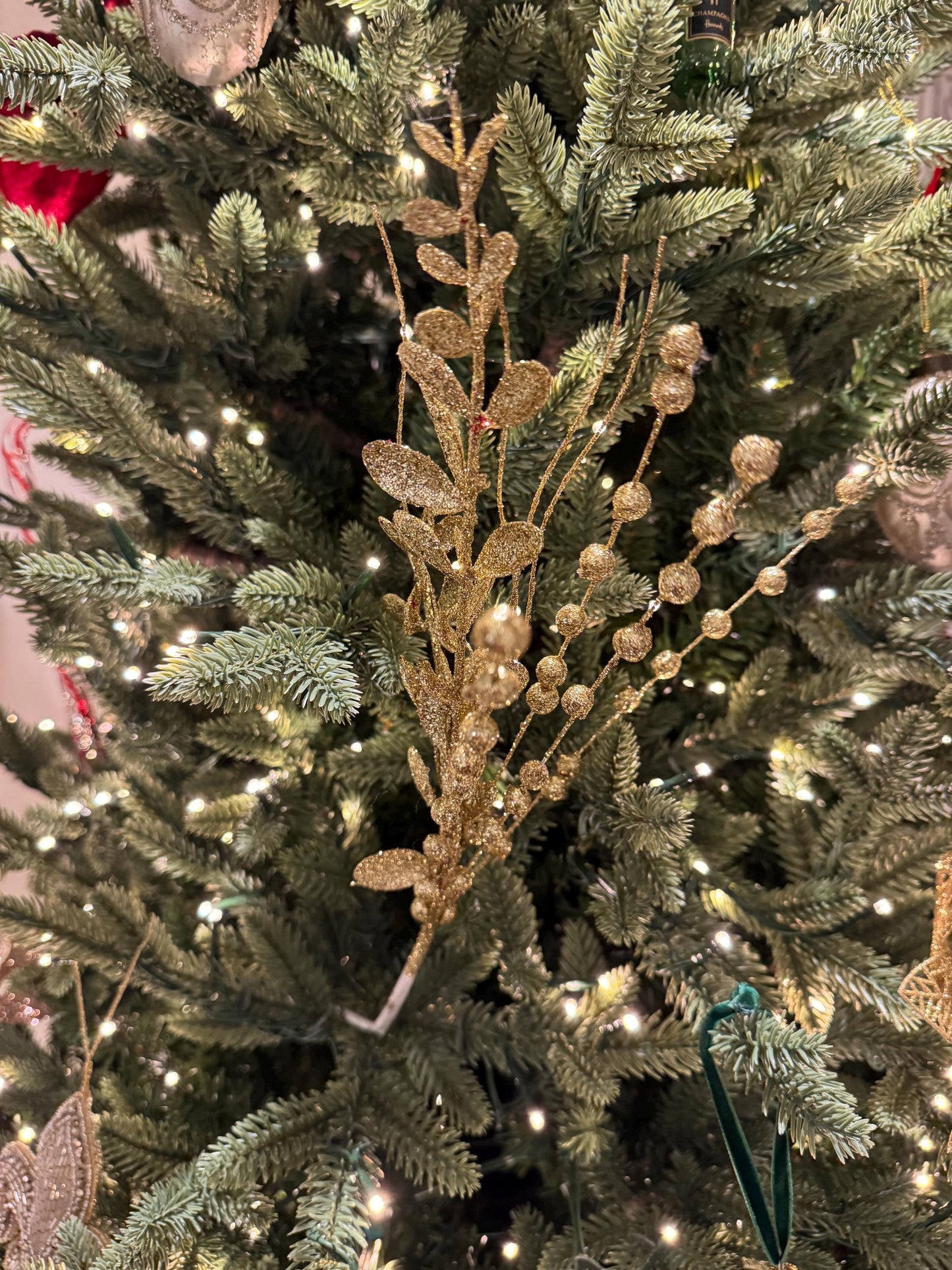 Glittered Gold Eucalyptus Beaded Sprig - Foliage Decor for Trees and Garlands