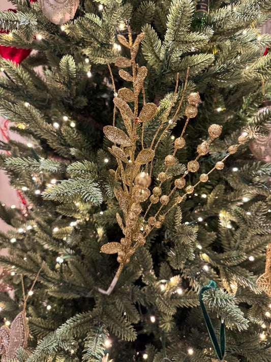 Glittered Gold Eucalyptus Beaded Sprig - Foliage Decor for Trees and Garlands