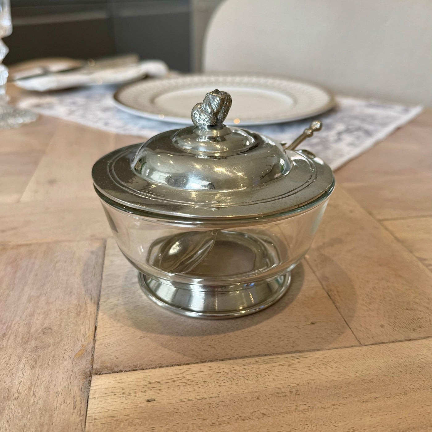 Glass Jam Pot with Pewter Lid & Spoon