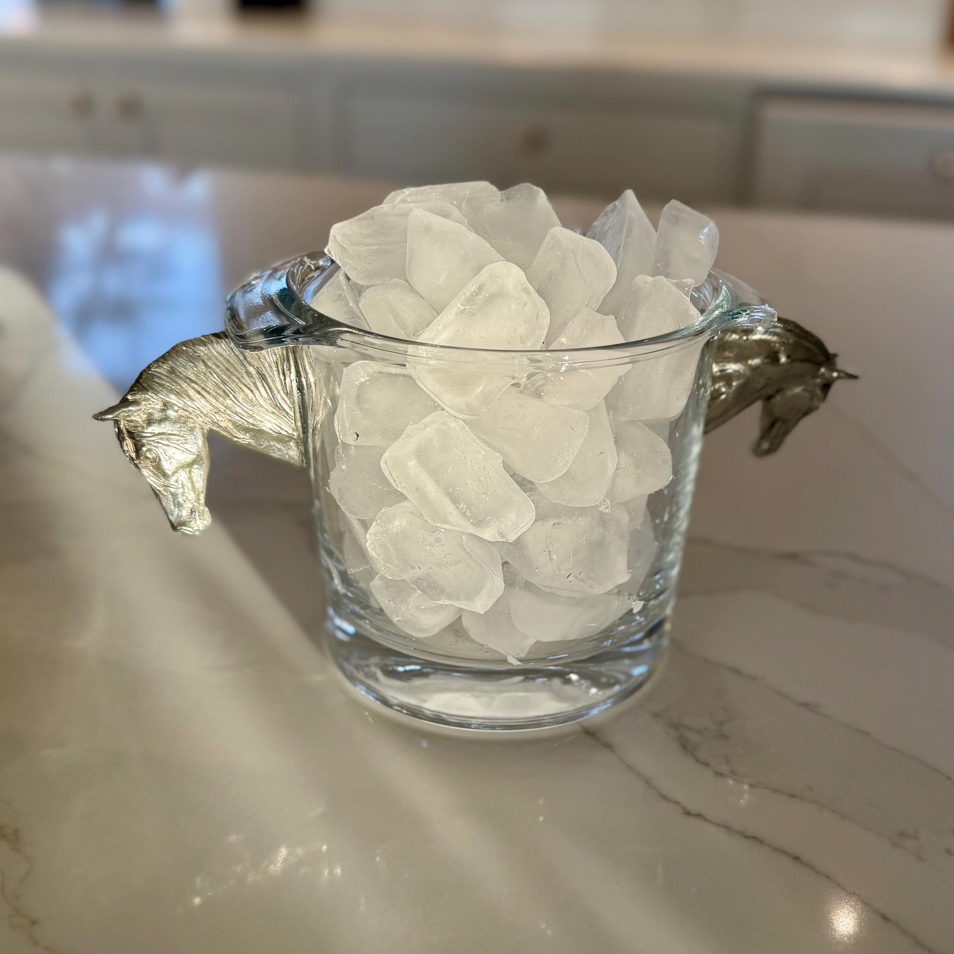 Glass Champagne Ice Bucket with Pewter Horse Head Handles