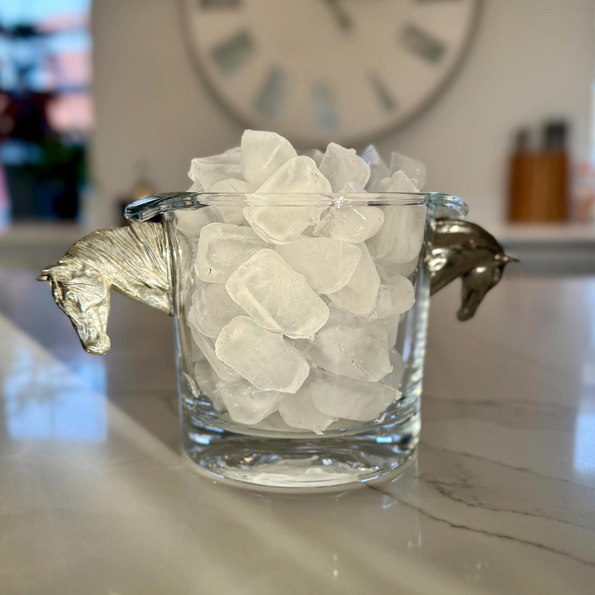 Glass Champagne Ice Bucket with Pewter Horse Head Handles