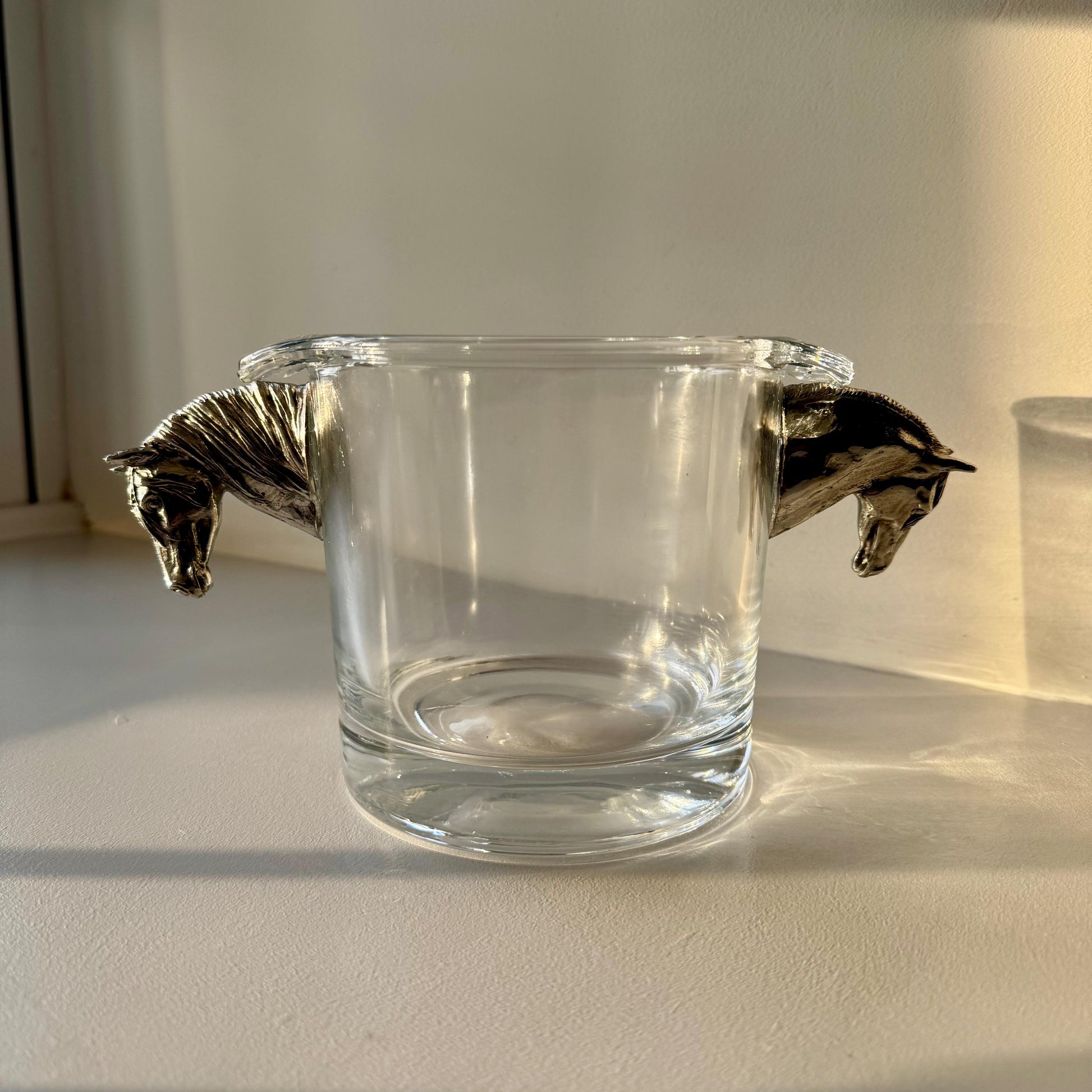 Glass Champagne Ice Bucket with Pewter Horse Head Handles