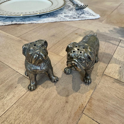 Overhead view of the bulldog shakers showing the dispensing holes and detailed faces
