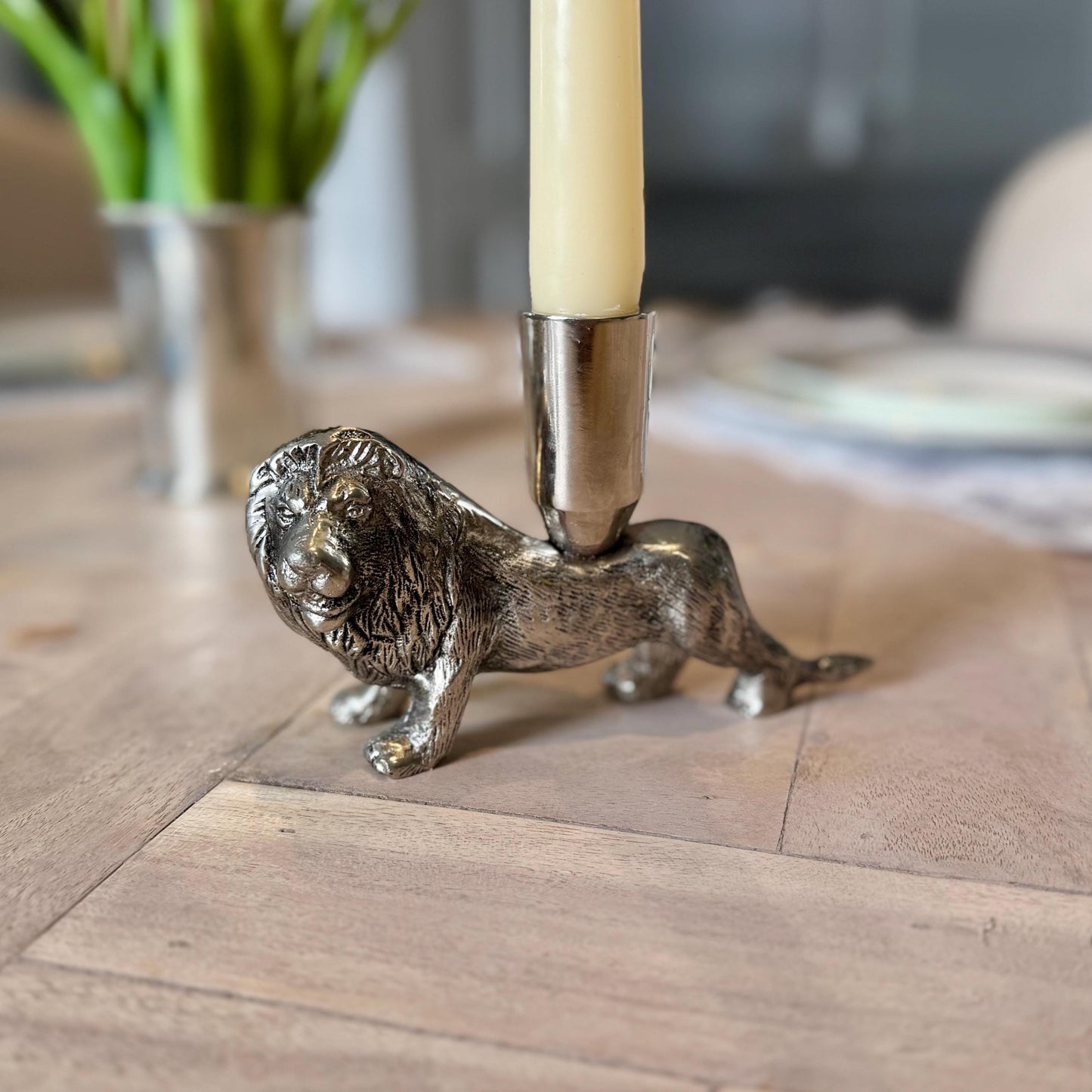 Brushed Aluminum Lion Candle Holder: Regal Table & Mantel Decor