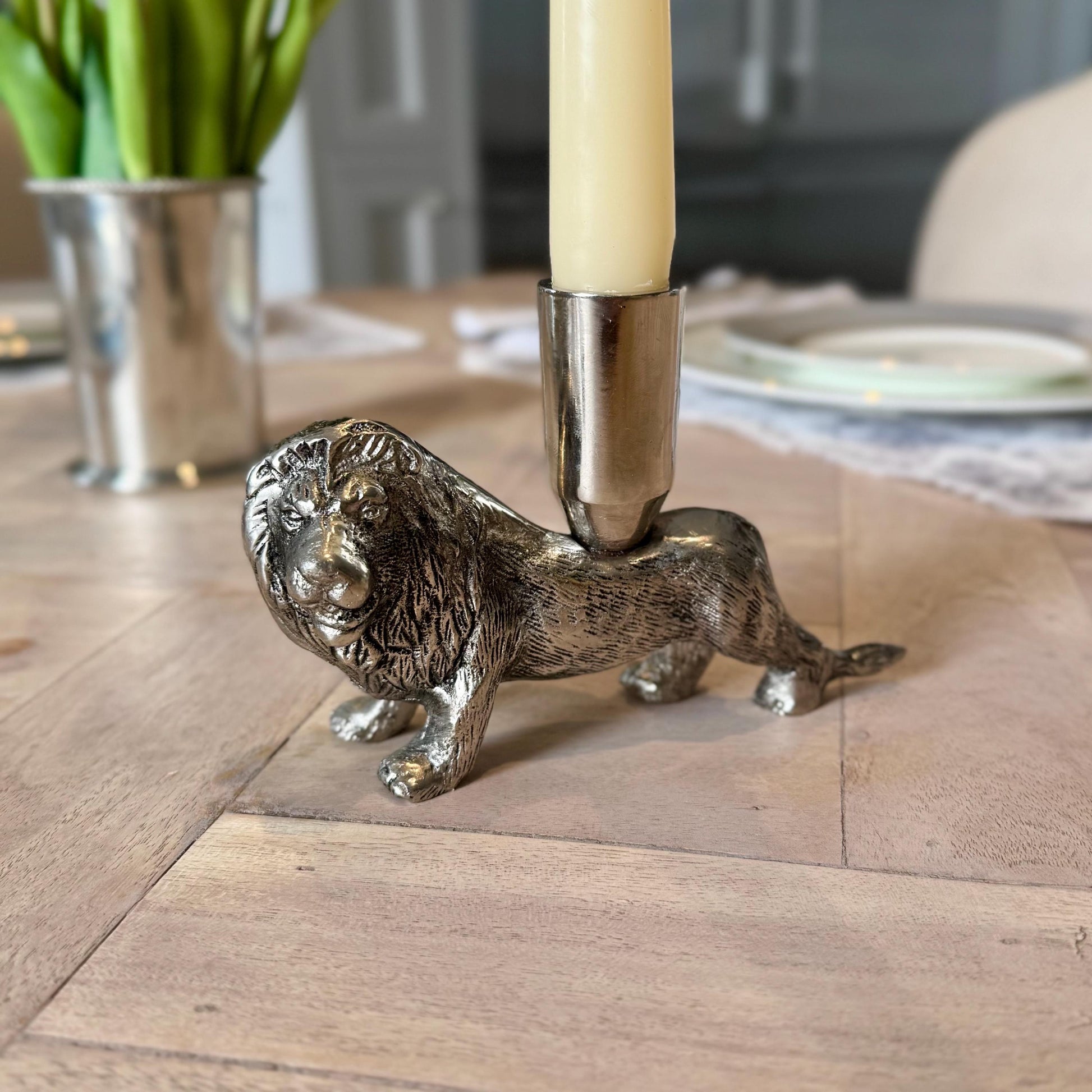Brushed Aluminum Lion Candle Holder: Regal Table & Mantel Decor