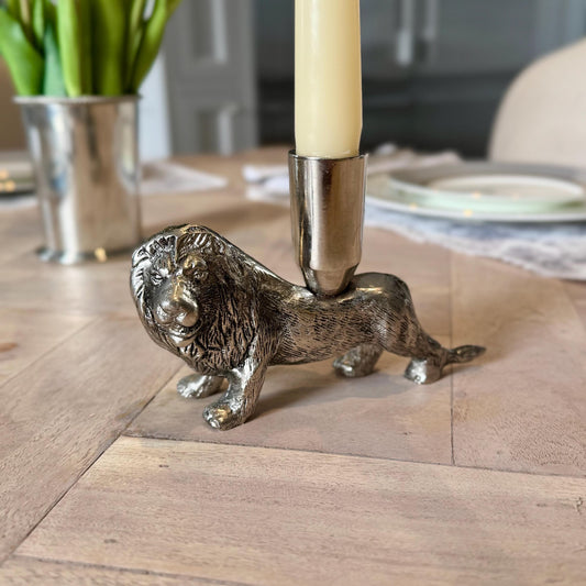 Brushed Aluminum Lion Candle Holder: Regal Table & Mantel Decor