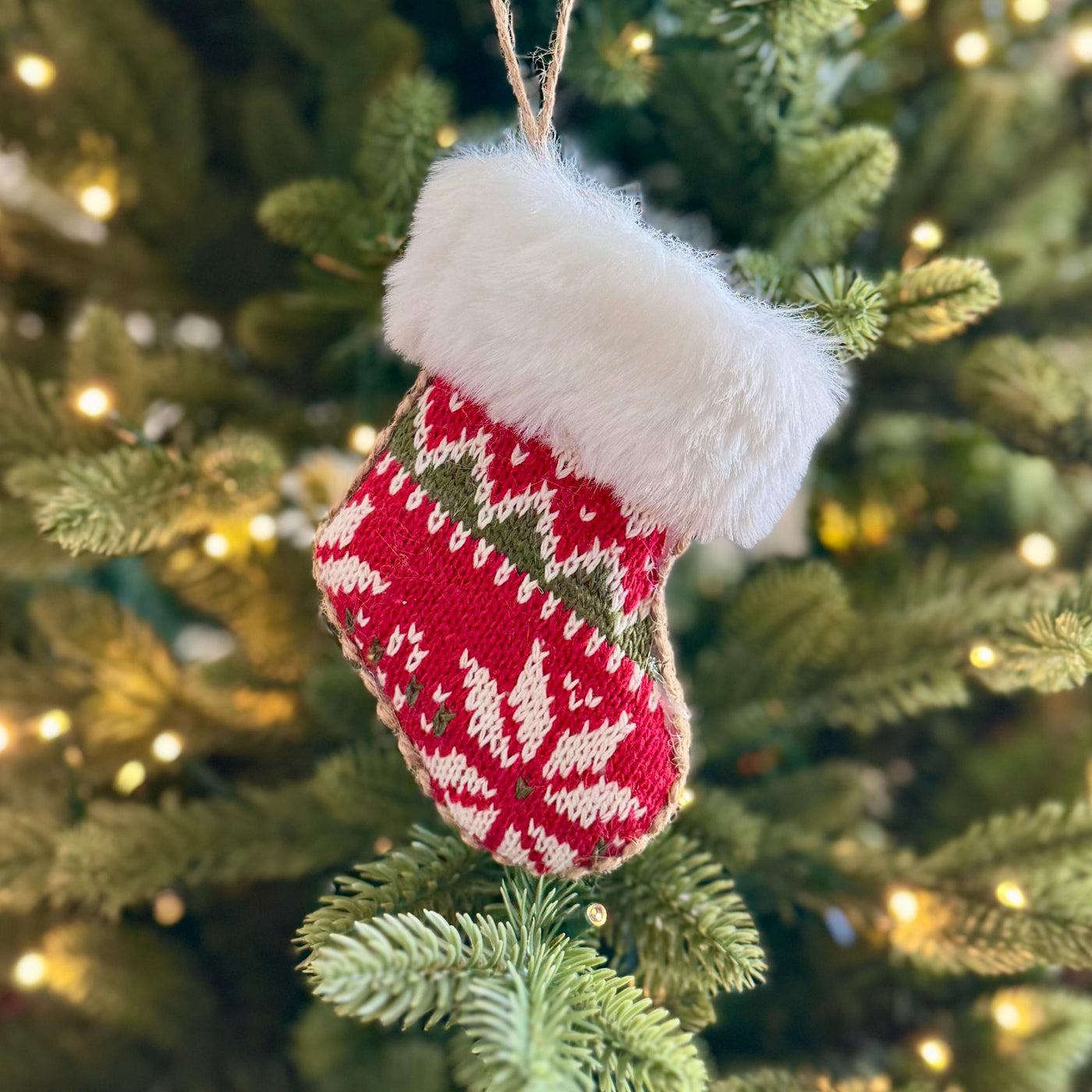 Knitted Christmas Stocking Bauble – Red & White Fair Isle with Faux Fur Trim