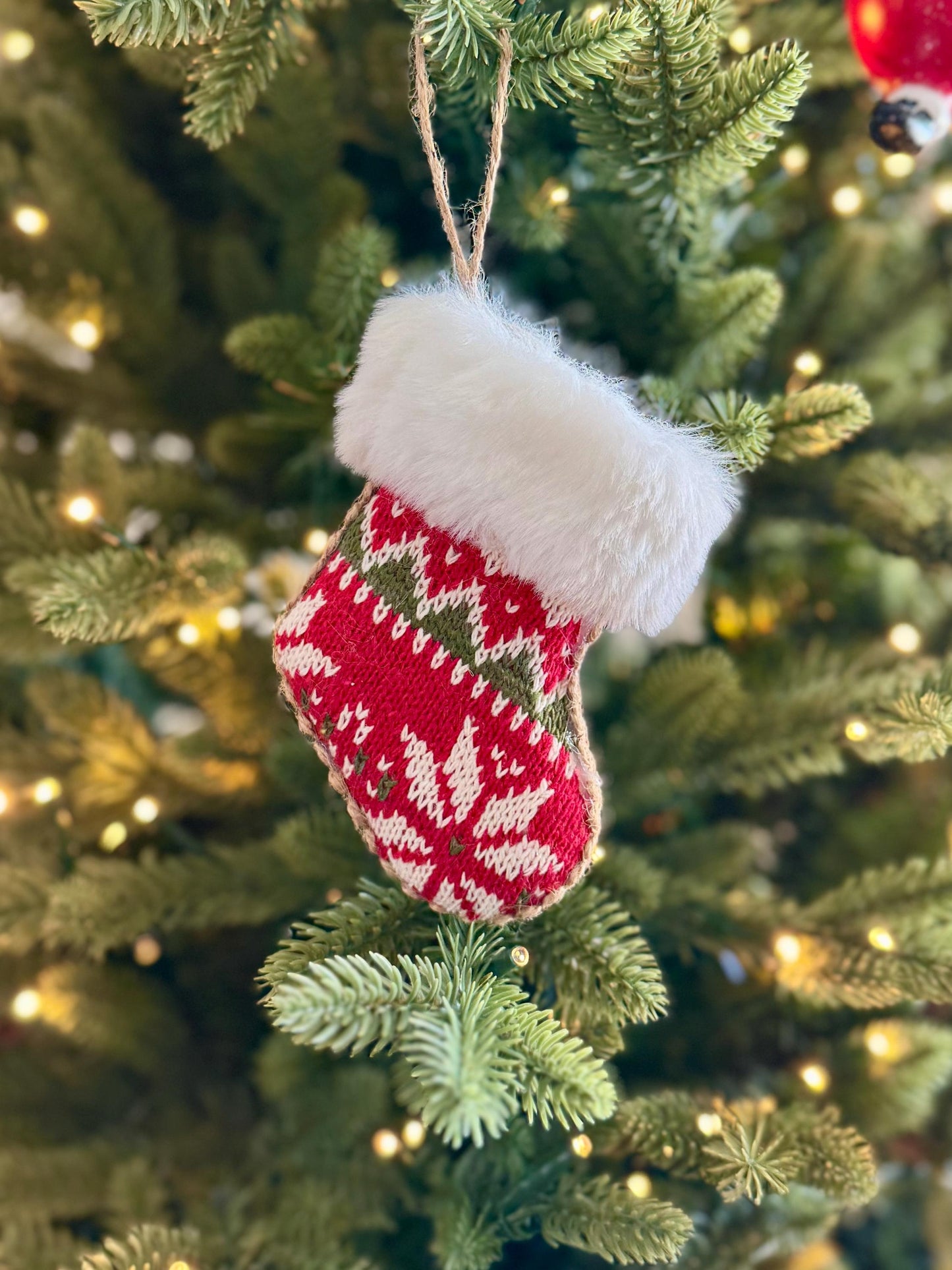 Knitted Christmas Stocking Bauble - Red & White Fair Isle with Faux Fur Trim