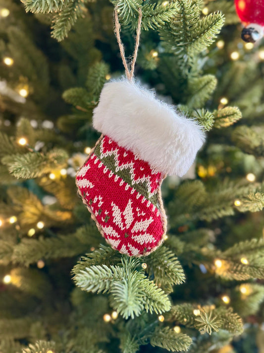Knitted Christmas Stocking Bauble - Red & White Fair Isle with Faux Fur Trim