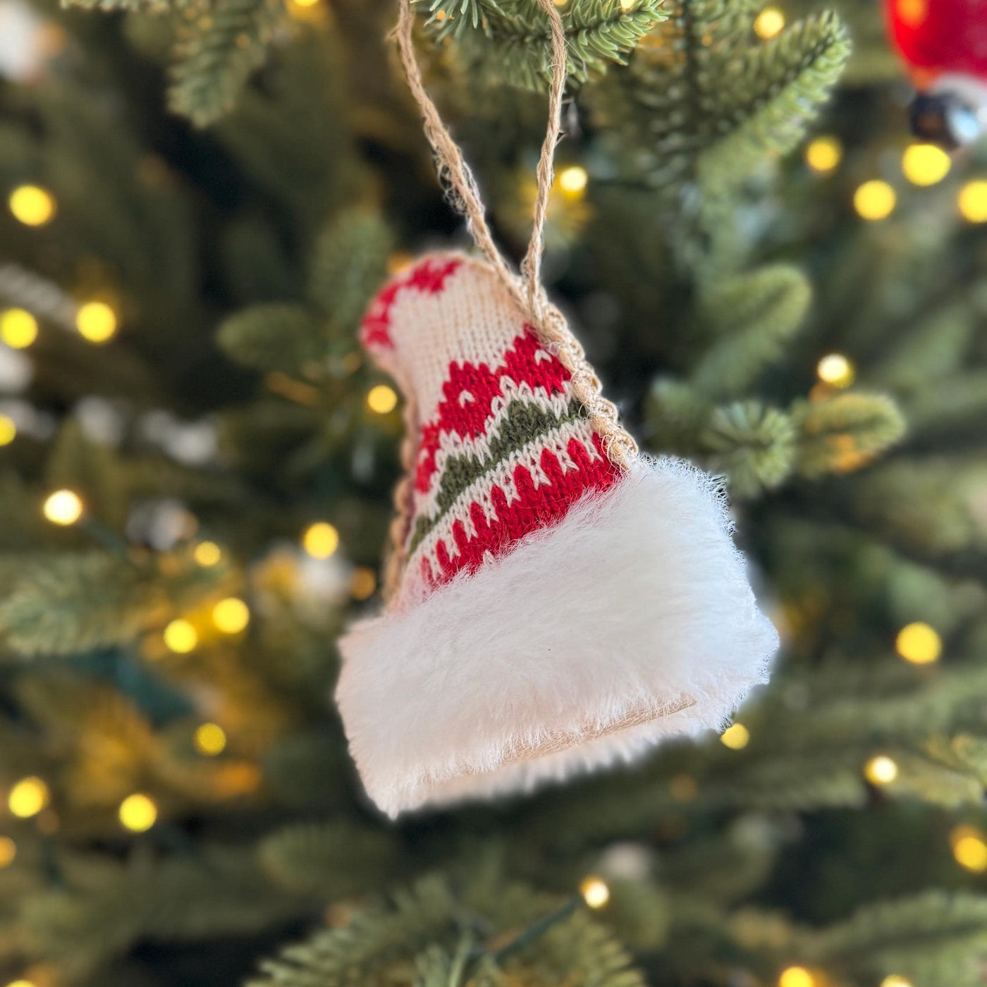 Knitted Santa Hat Bauble – Red & White Fair Isle with Faux Fur Trim