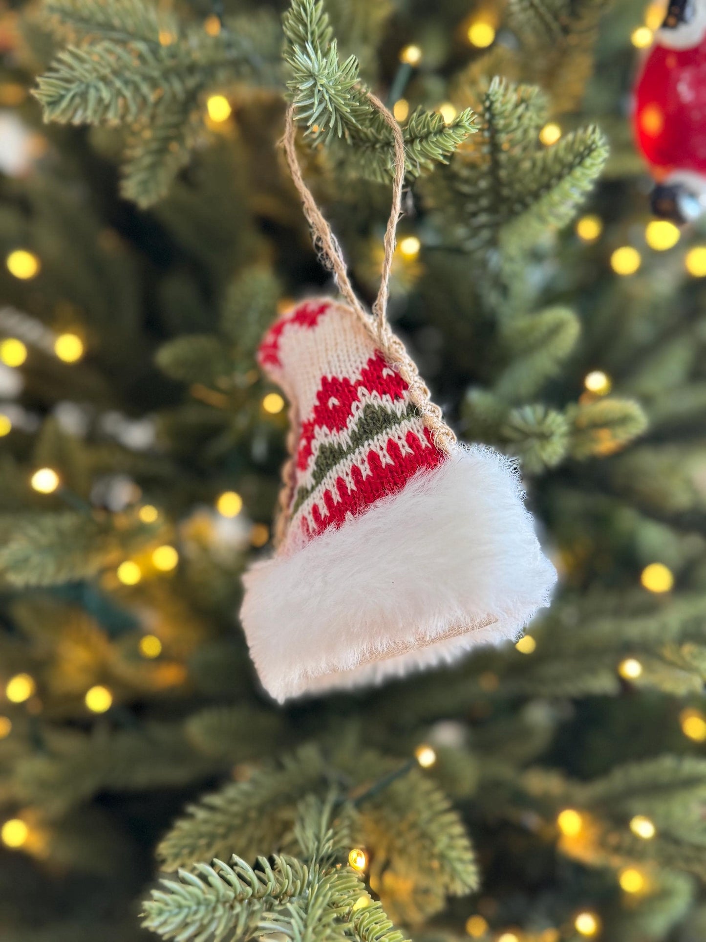 Knitted Santa Hat Bauble - Red & White Fair Isle with Faux Fur Trim