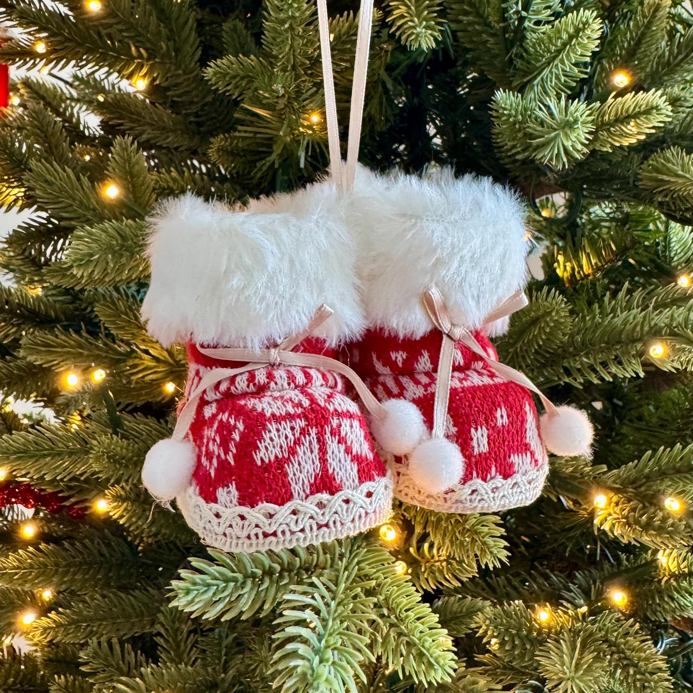 Knitted Christmas Boot Bauble with White Faux Fur