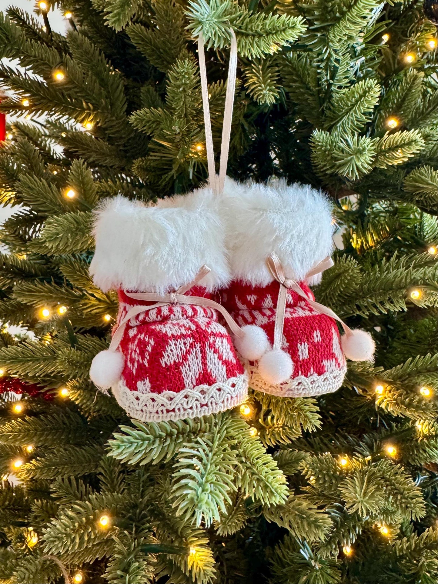 Knitted Christmas Boot Bauble with White Faux Fur