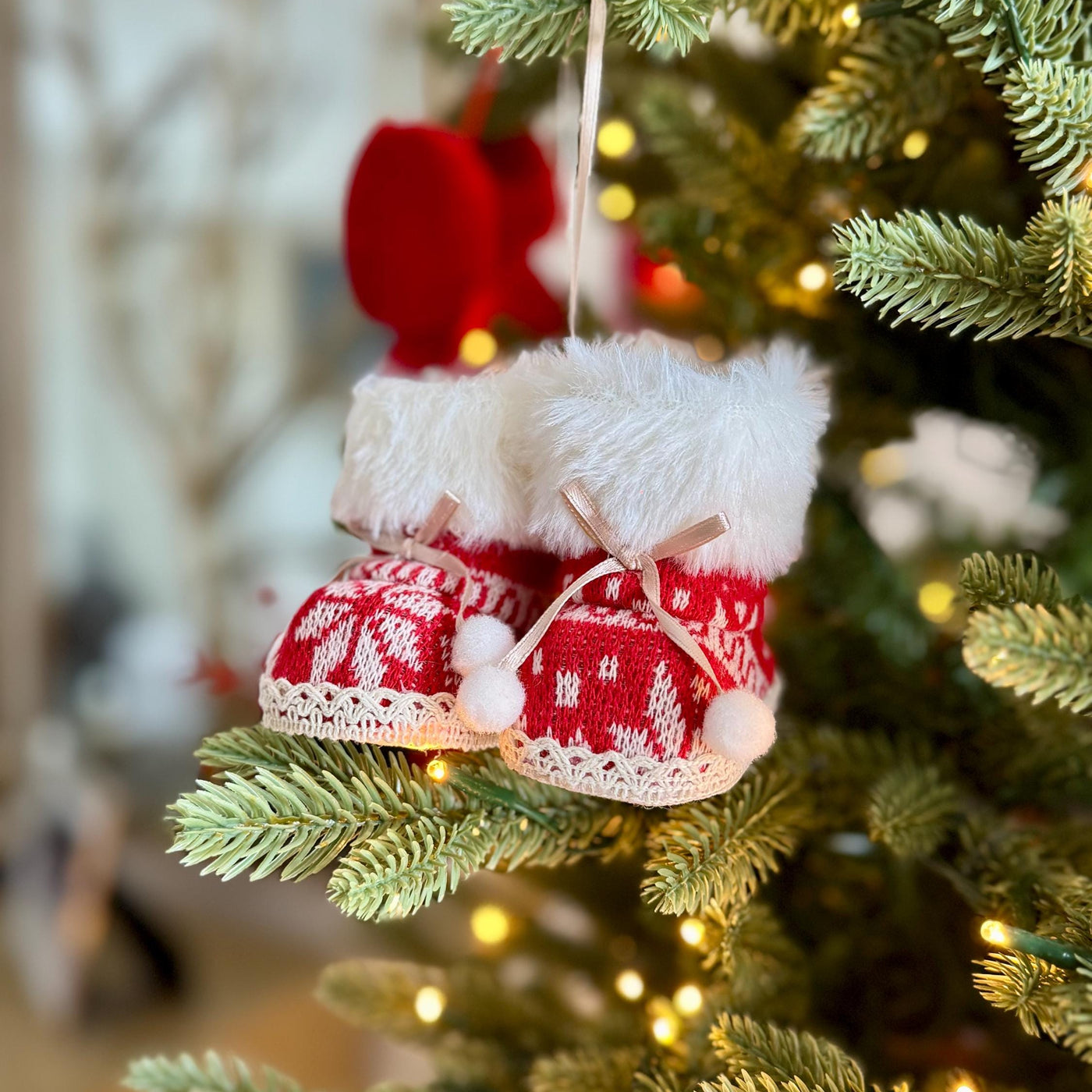 Knitted Christmas Boot Bauble with White Faux Fur