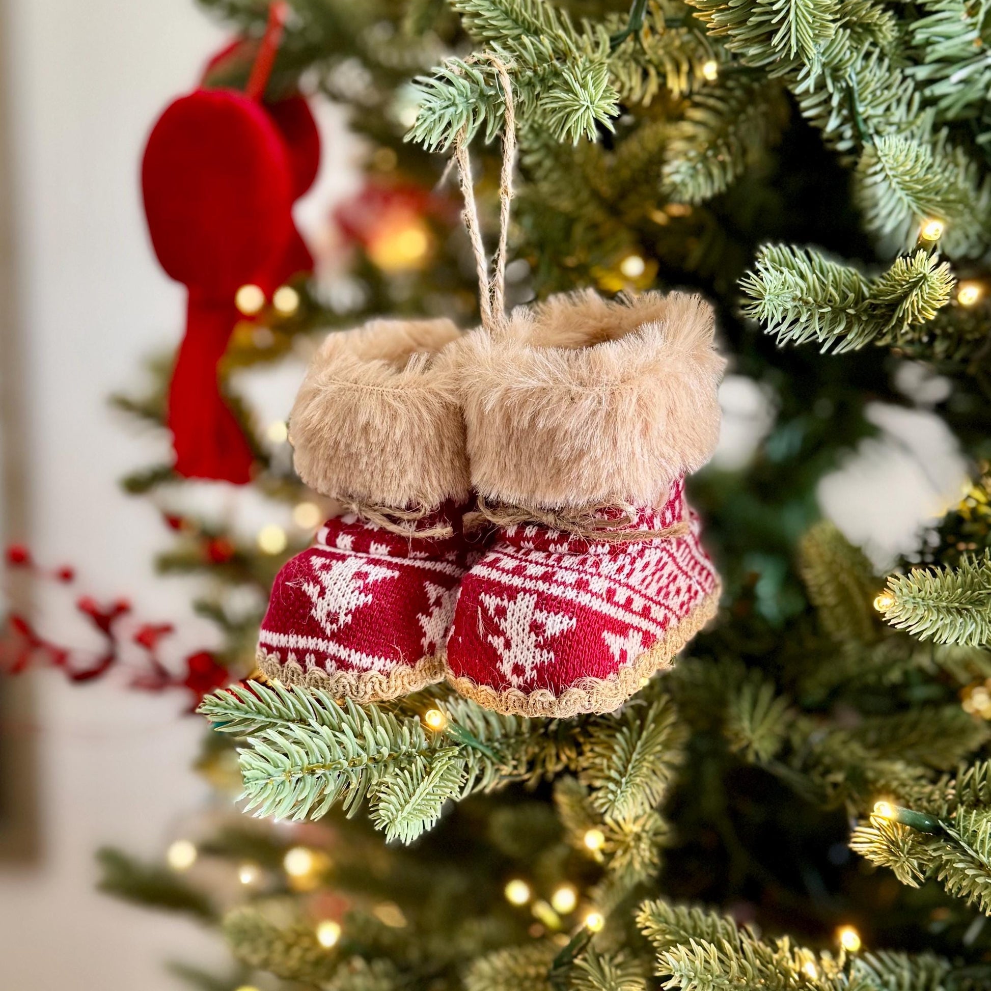 Knitted Christmas Boot Bauble with Brown Faux Fur