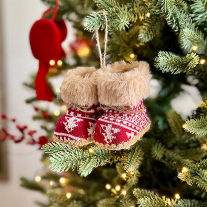 Knitted Christmas Boot Bauble with Brown Faux Fur