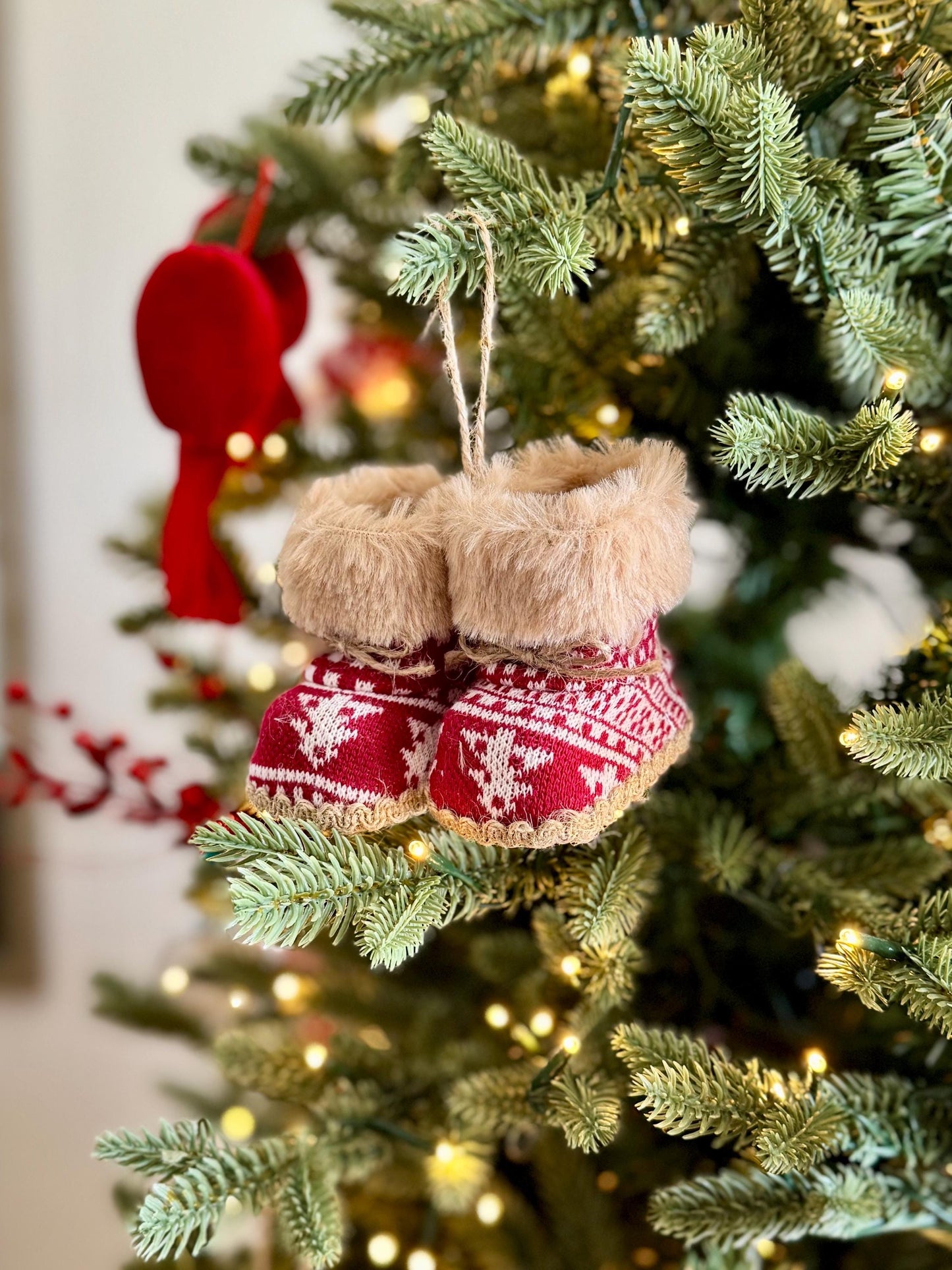 Knitted Christmas Boot Bauble with Brown Faux Fur