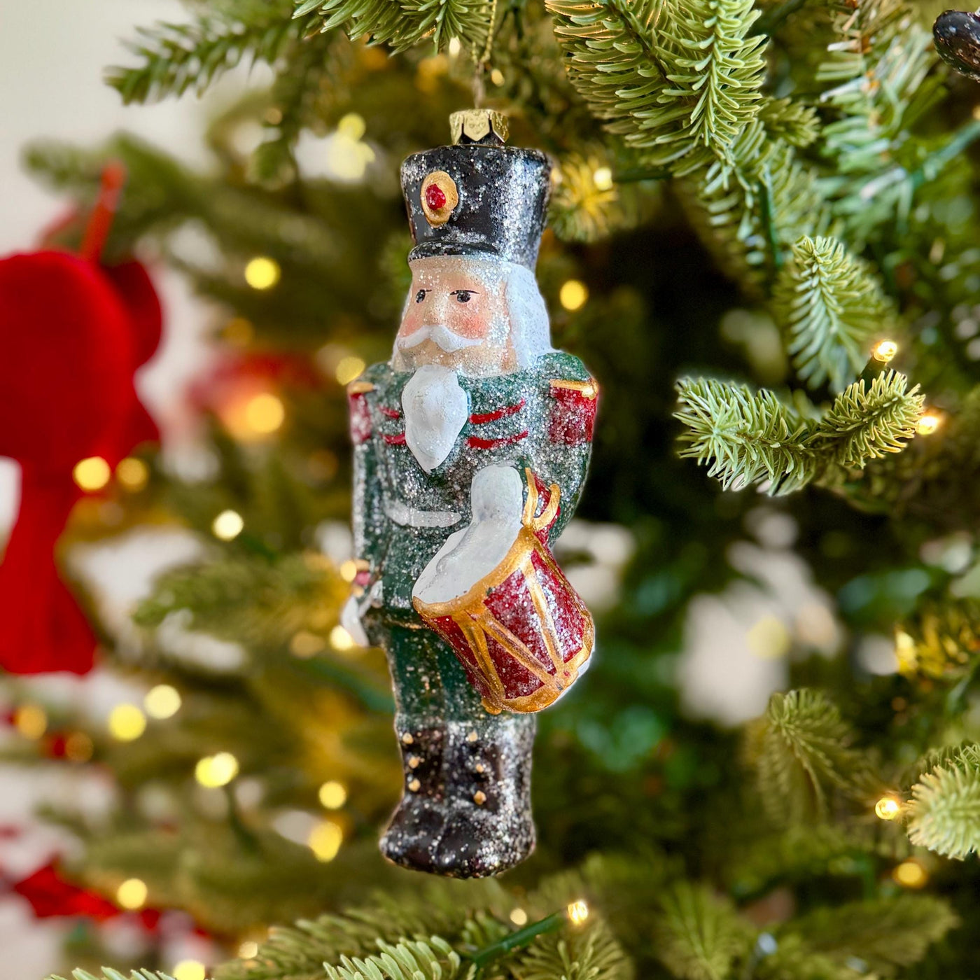 Nutcracker Drummer Christmas Bauble in Glittery Green