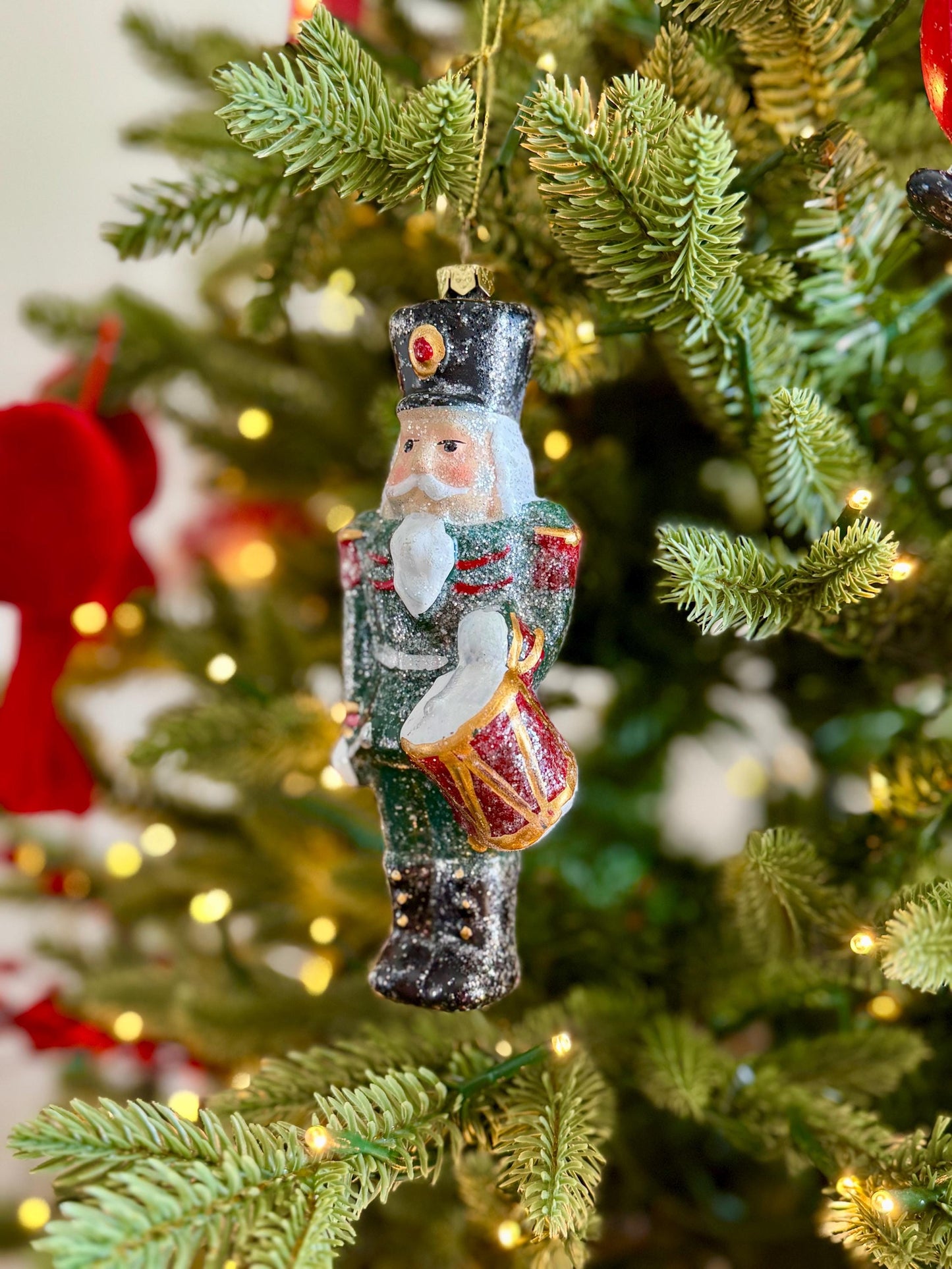 Nutcracker Drummer Christmas Bauble in Glittery Green
