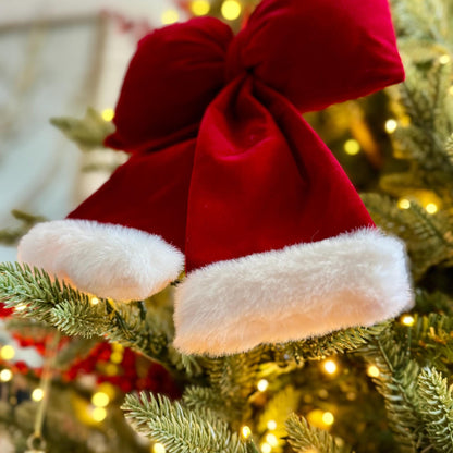 Red Velvet and Faux Fur Christmas Bow – Santa Style Tree Decoration