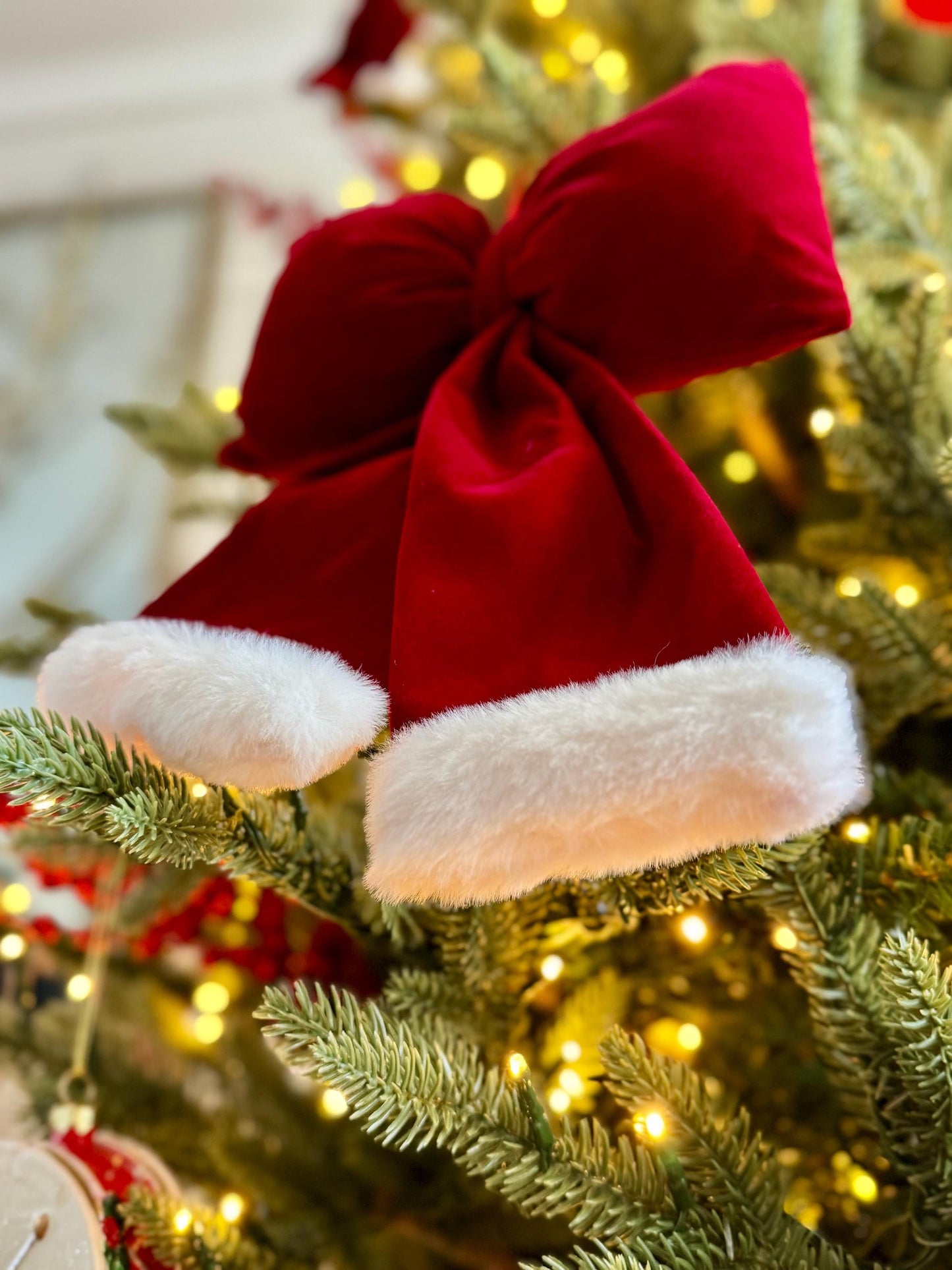 Red Velvet and Faux Fur Christmas Bow - Santa Style Tree Decoration