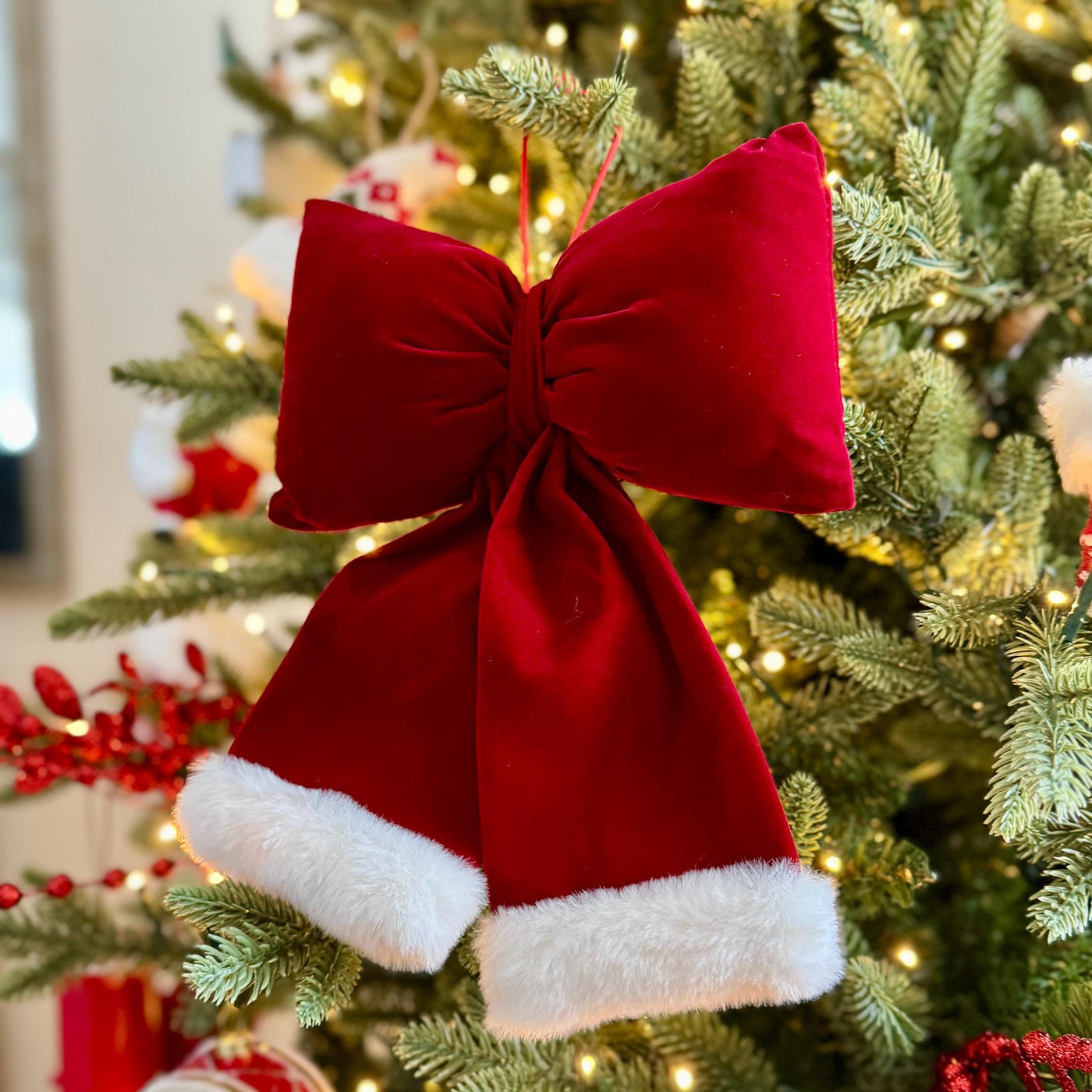 Red Velvet and Faux Fur Christmas Bow – Santa Style Tree Decoration