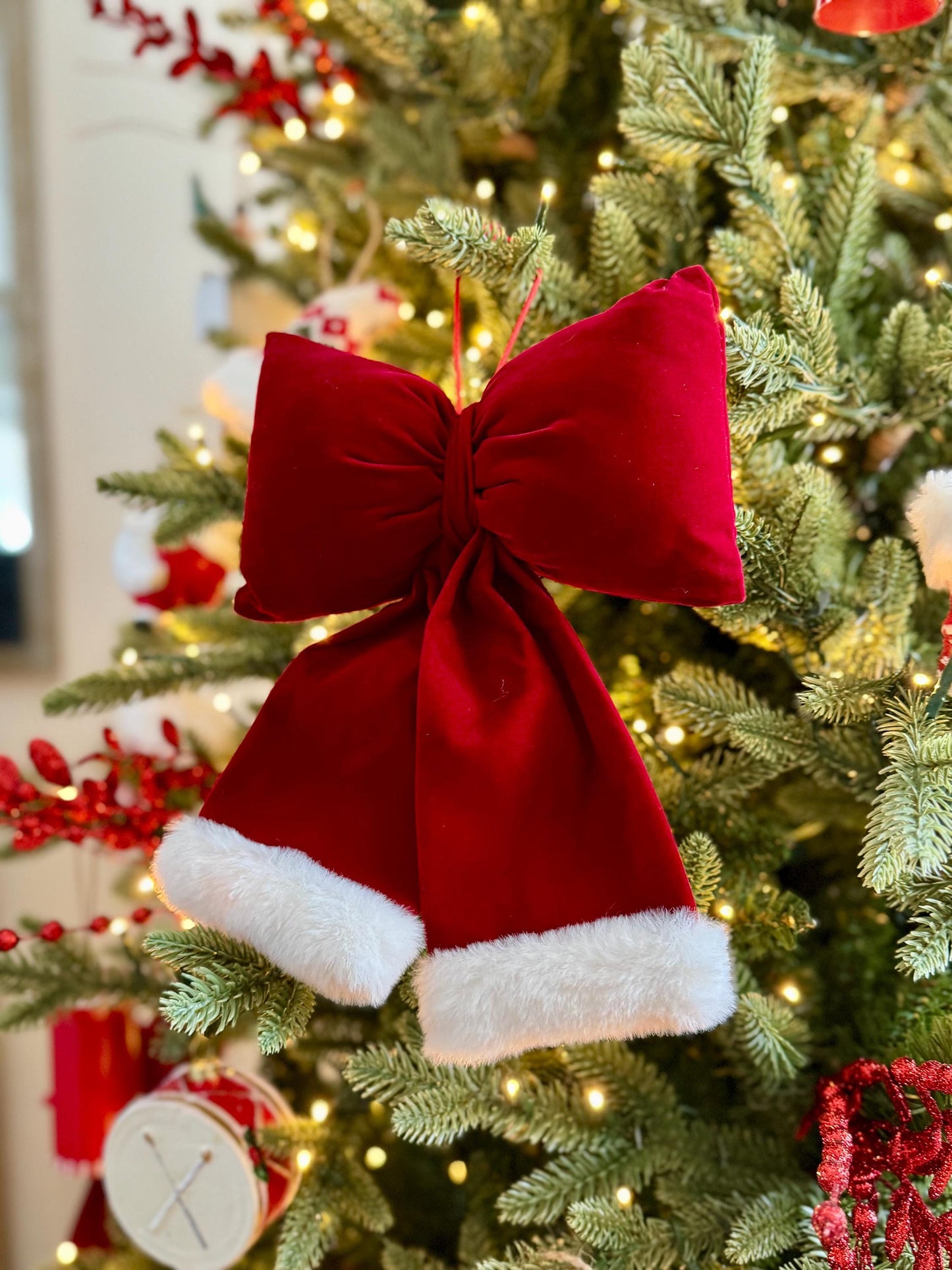 Red Velvet and Faux Fur Christmas Bow - Santa Style Tree Decoration