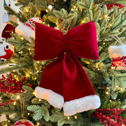 Red Velvet and Faux Fur Christmas Bow – Santa Style Tree Decoration