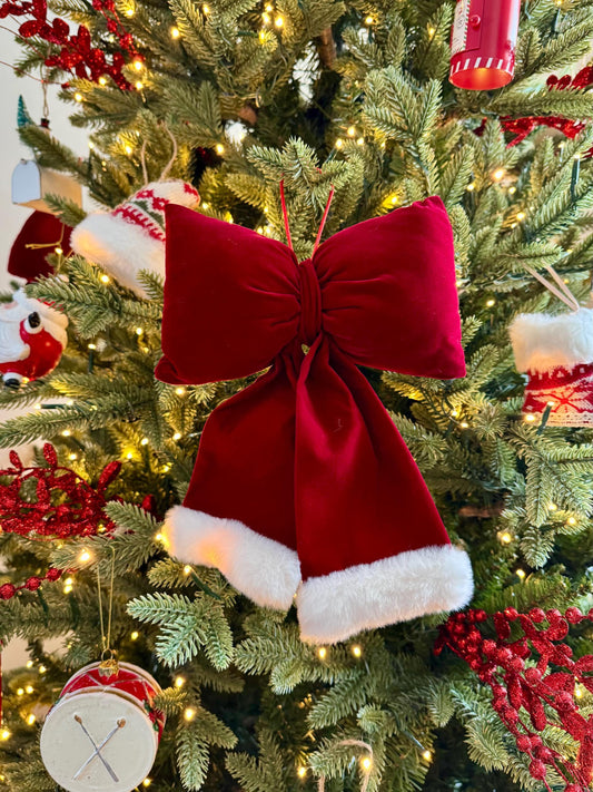 Red Velvet and Faux Fur Christmas Bow - Santa Style Tree Decoration