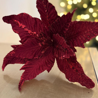 Red Velvet Poinsettia Flower with stem – Luxury Tree Decoration