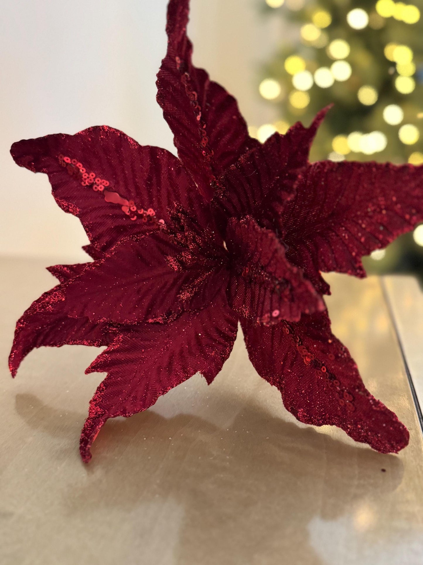 Red Velvet Poinsettia Flower with stem - Luxury Tree Decoration