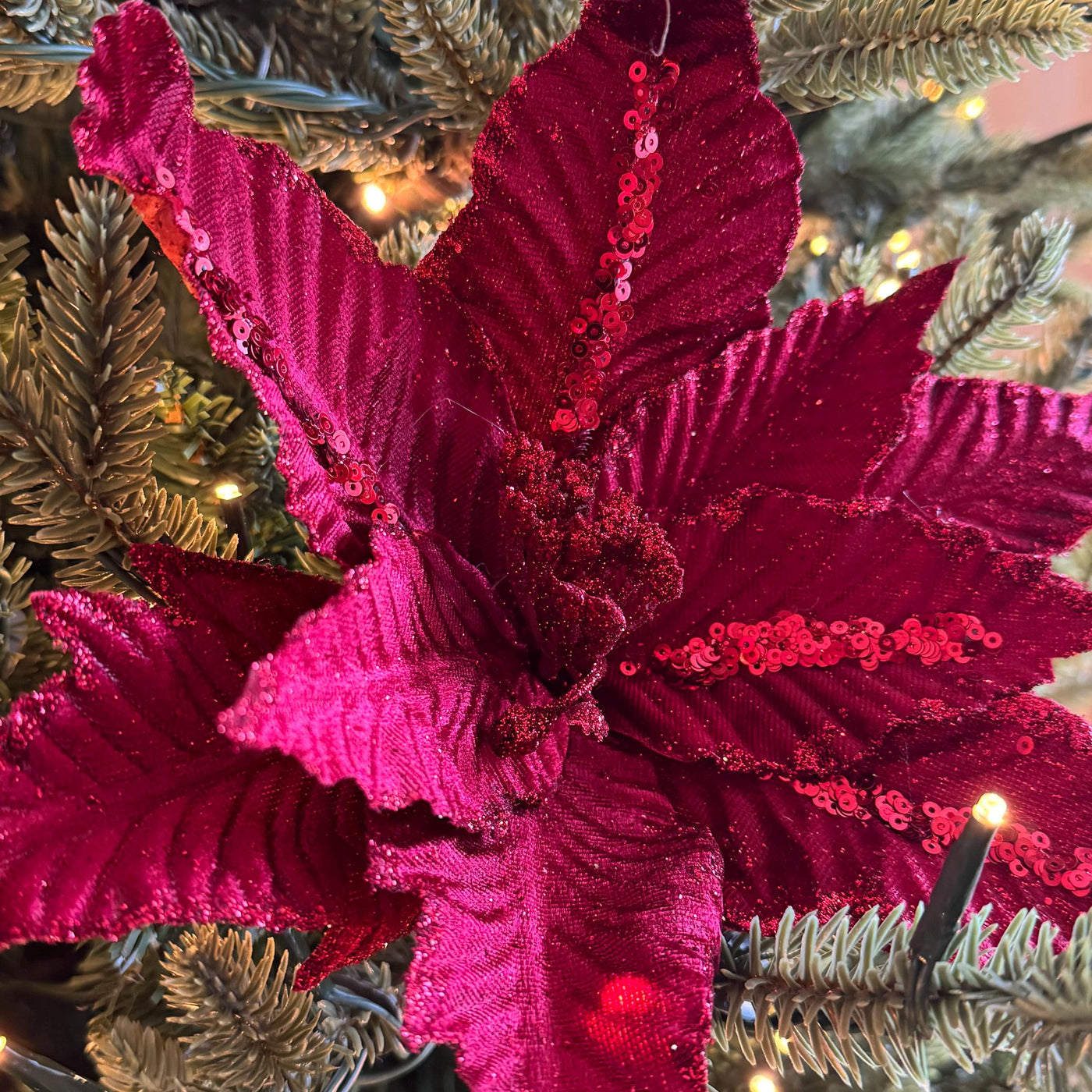 Red Velvet Poinsettia Flower with stem – Luxury Tree Decoration