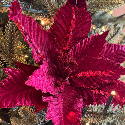 Red Velvet Poinsettia Flower with stem – Luxury Tree Decoration
