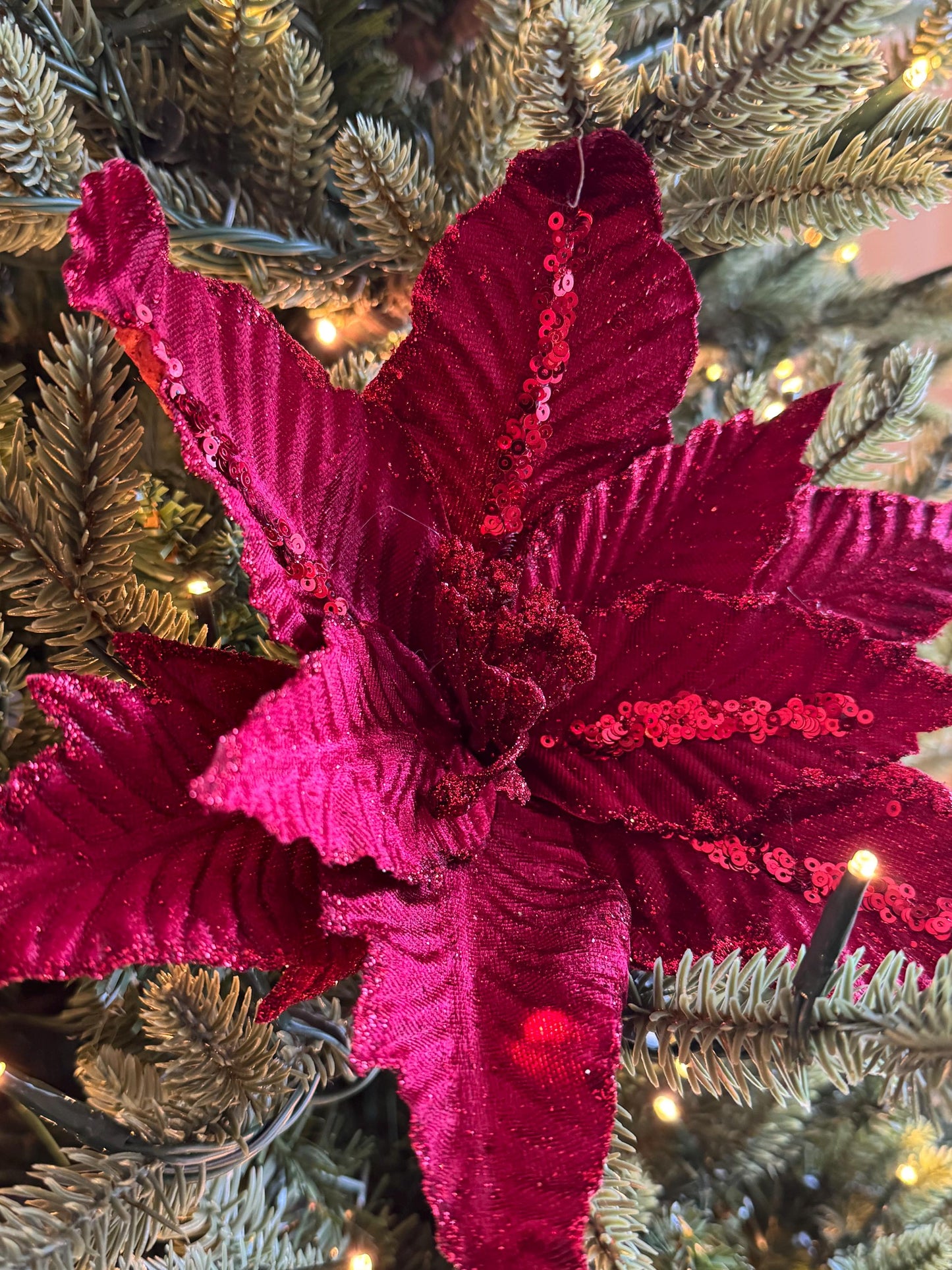 Red Velvet Poinsettia Flower with stem - Luxury Tree Decoration