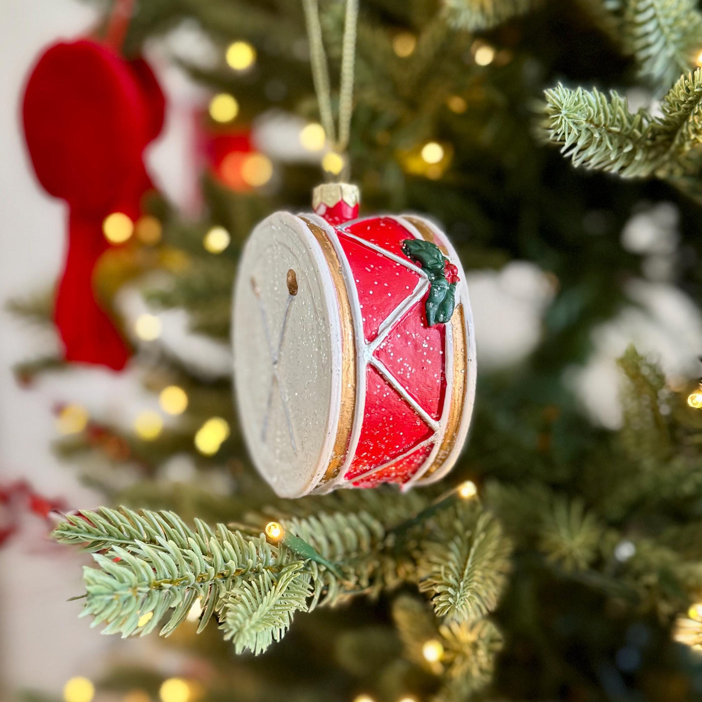 Red and White Drum Christmas Bauble – Christmas Tree, Wreath, Decoration