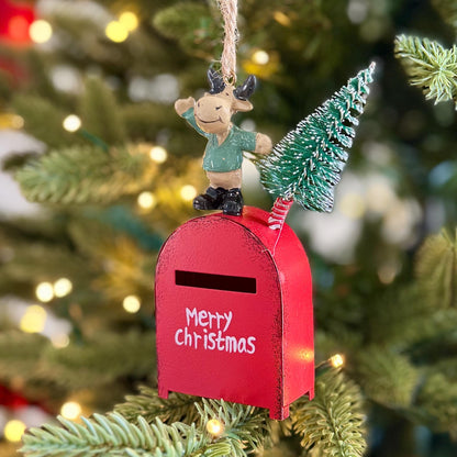 Red Mailbox & Reindeer Christmas Bauble – Metal ornament for Christmas Tree