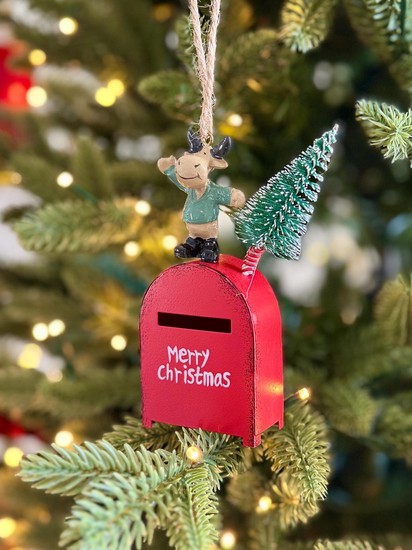 Red Mailbox & Reindeer Christmas Bauble - Metal ornament for Christmas Tree
