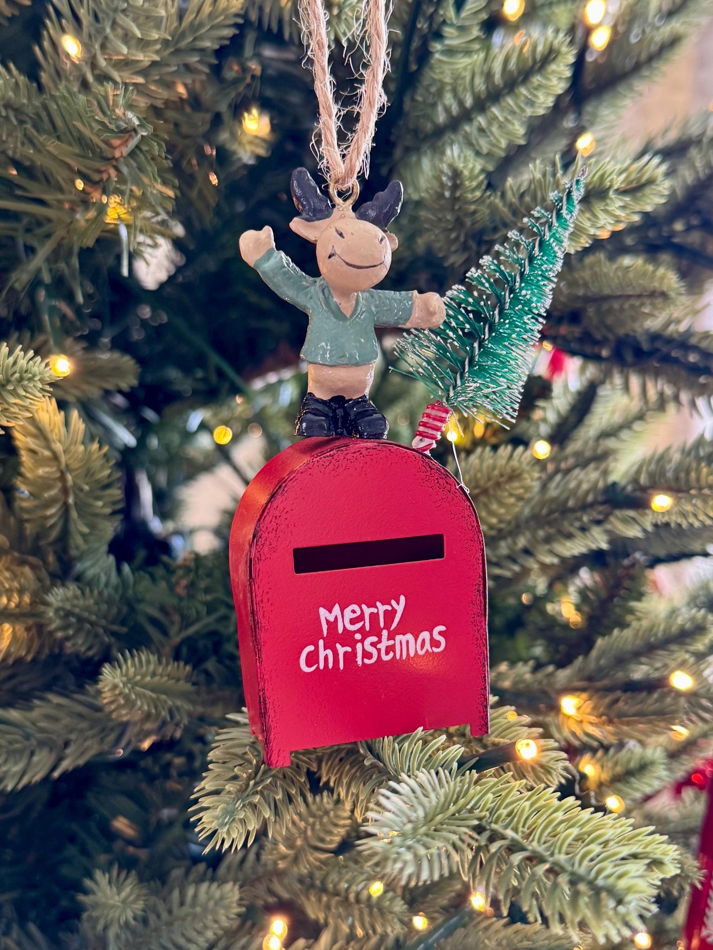 Red Mailbox & Reindeer Christmas Bauble - Metal ornament for Christmas Tree