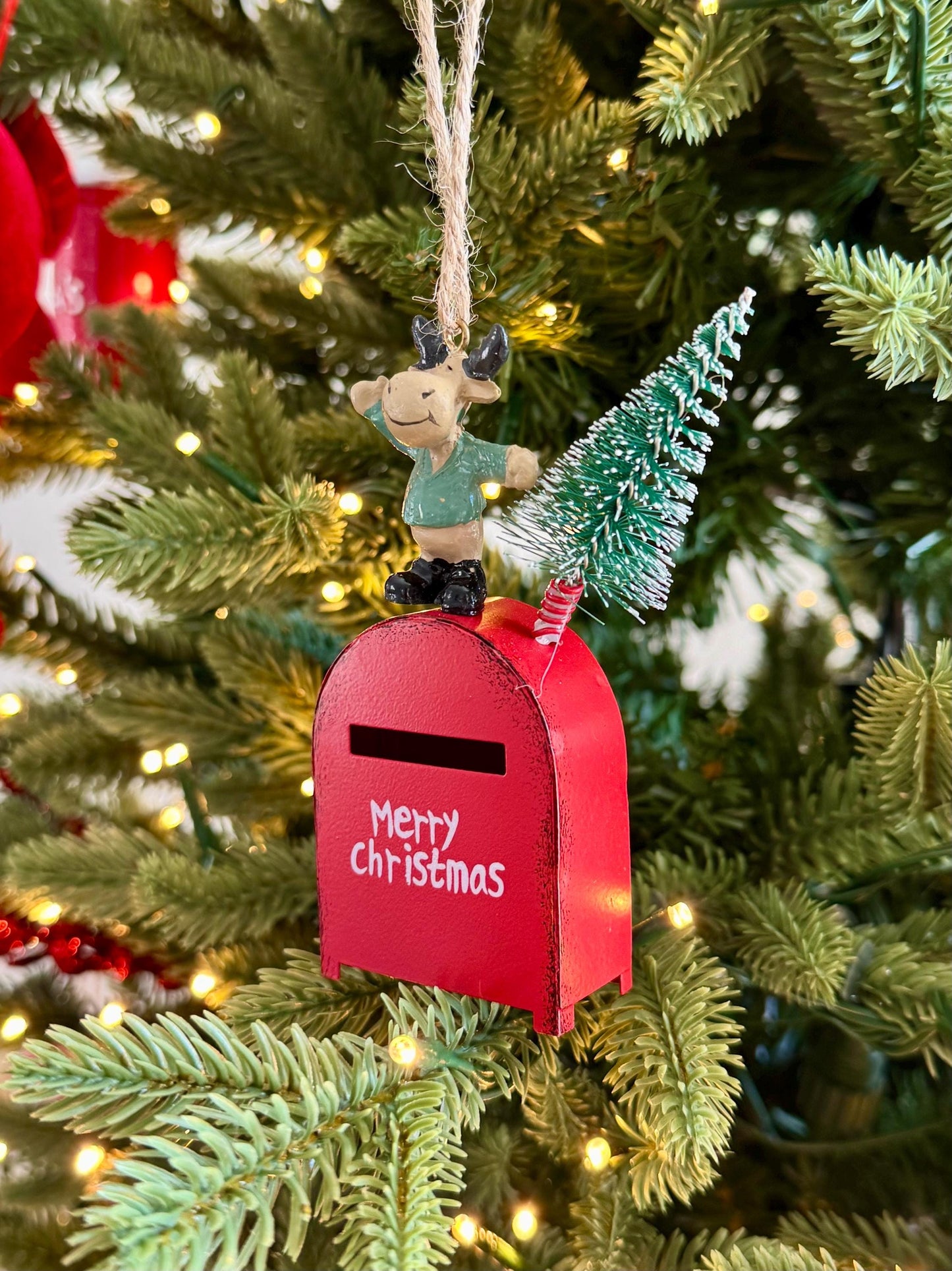 Red Mailbox & Reindeer Christmas Bauble - Metal ornament for Christmas Tree
