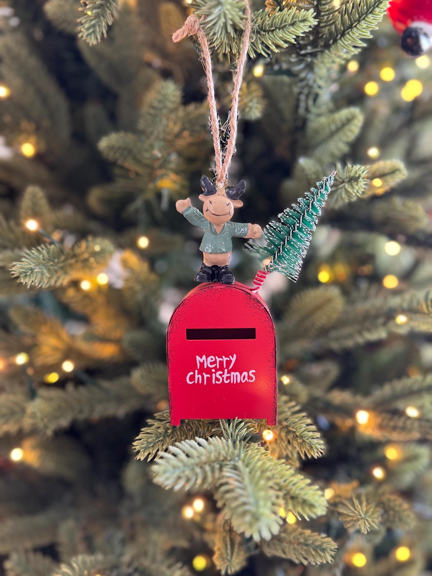 Red Mailbox & Reindeer Christmas Bauble - Metal ornament for Christmas Tree