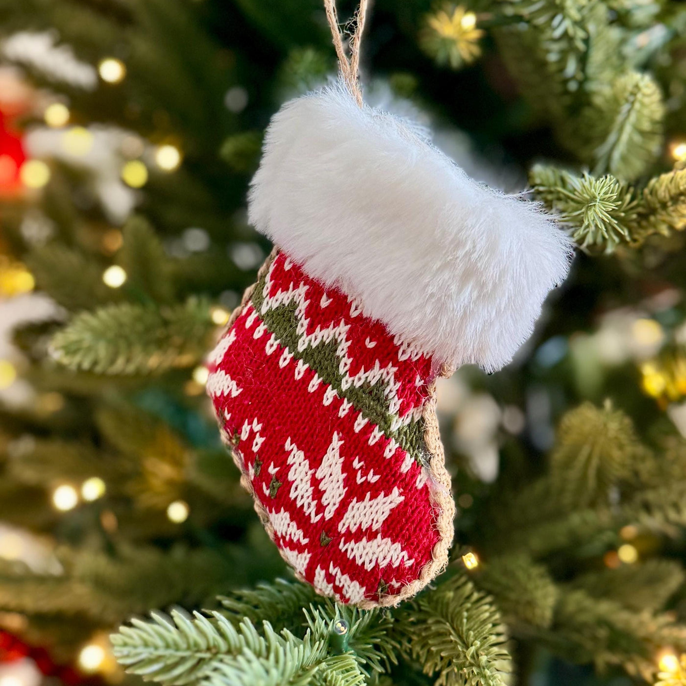 Knitted Christmas Stocking Bauble – Red & White Fair Isle with Faux Fur Trim