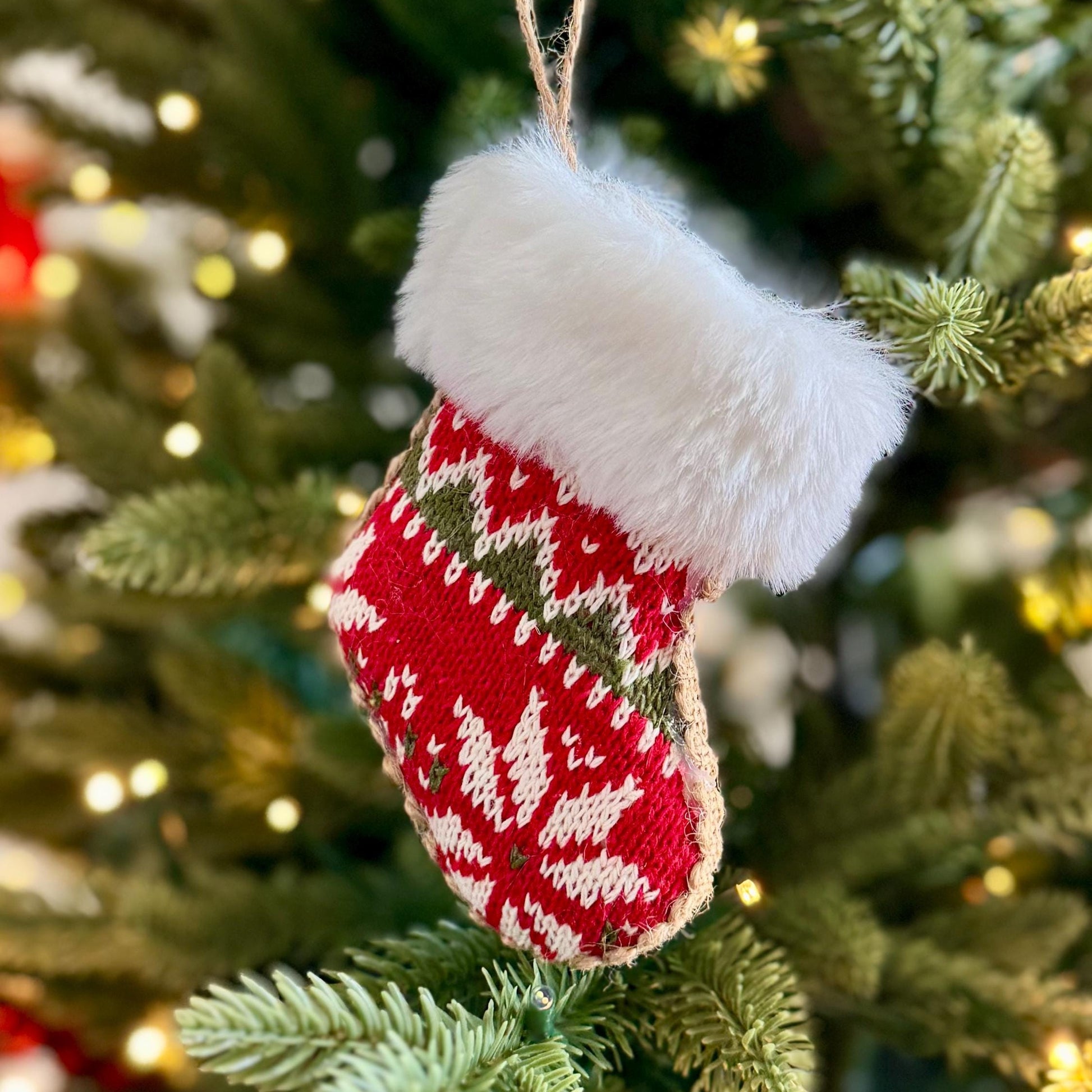 Knitted Christmas Stocking Bauble – Red & White Fair Isle with Faux Fur Trim