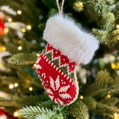 Knitted Christmas Stocking Bauble – Red & White Fair Isle with Faux Fur Trim