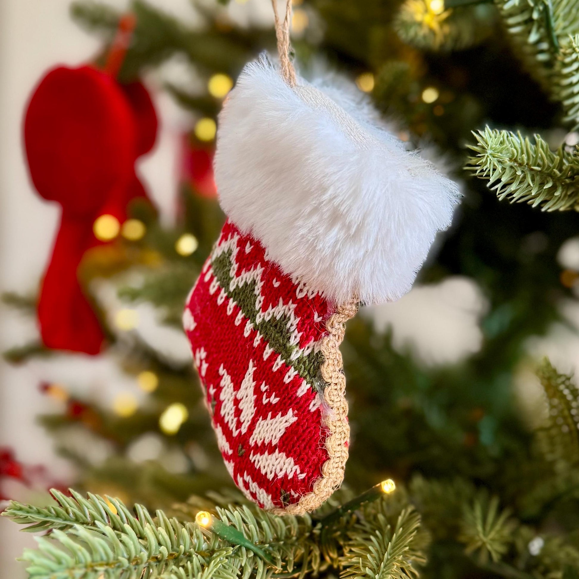 Knitted Christmas Stocking Bauble – Red & White Fair Isle with Faux Fur Trim