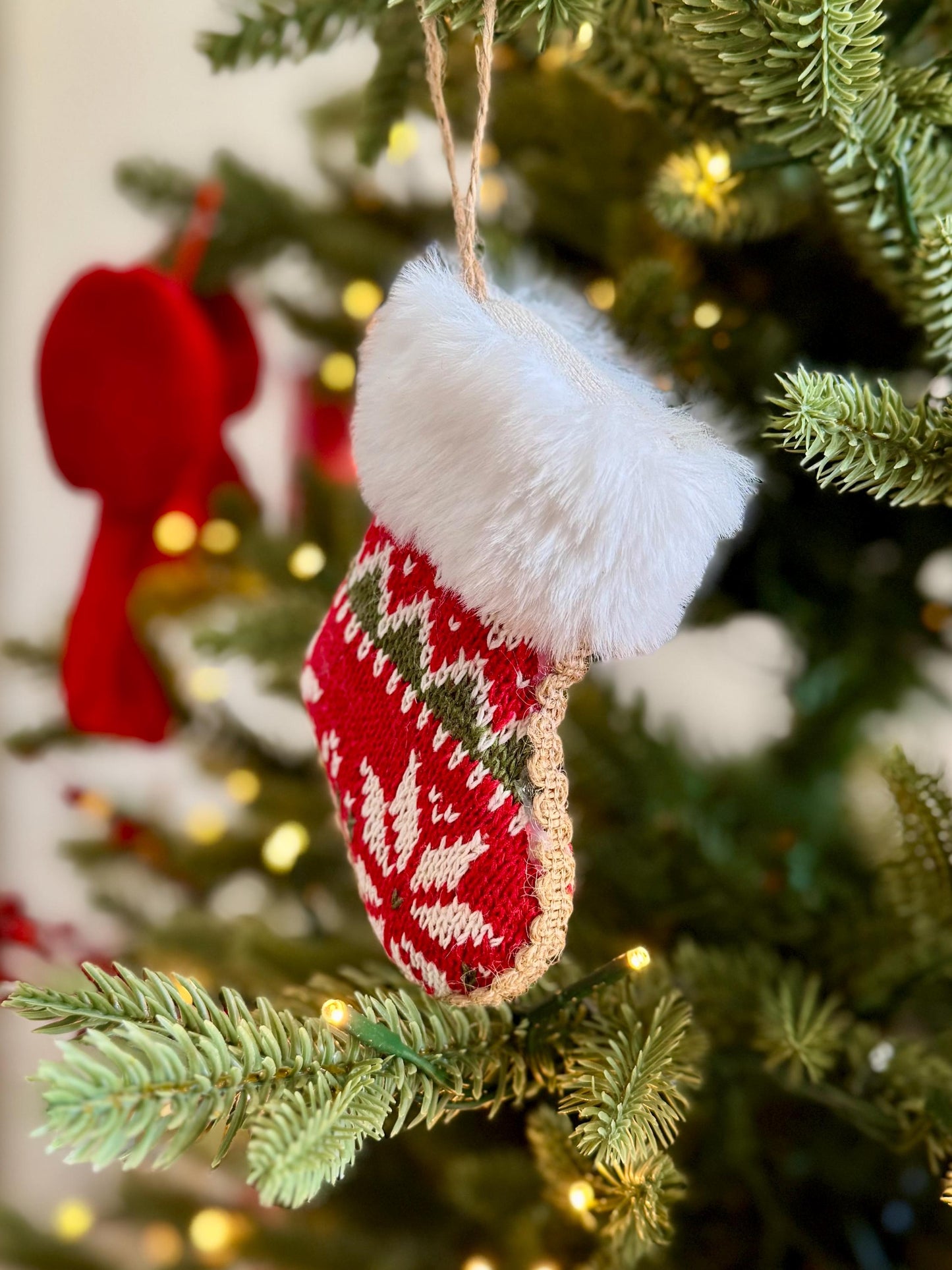 Knitted Christmas Stocking Bauble - Red & White Fair Isle with Faux Fur Trim
