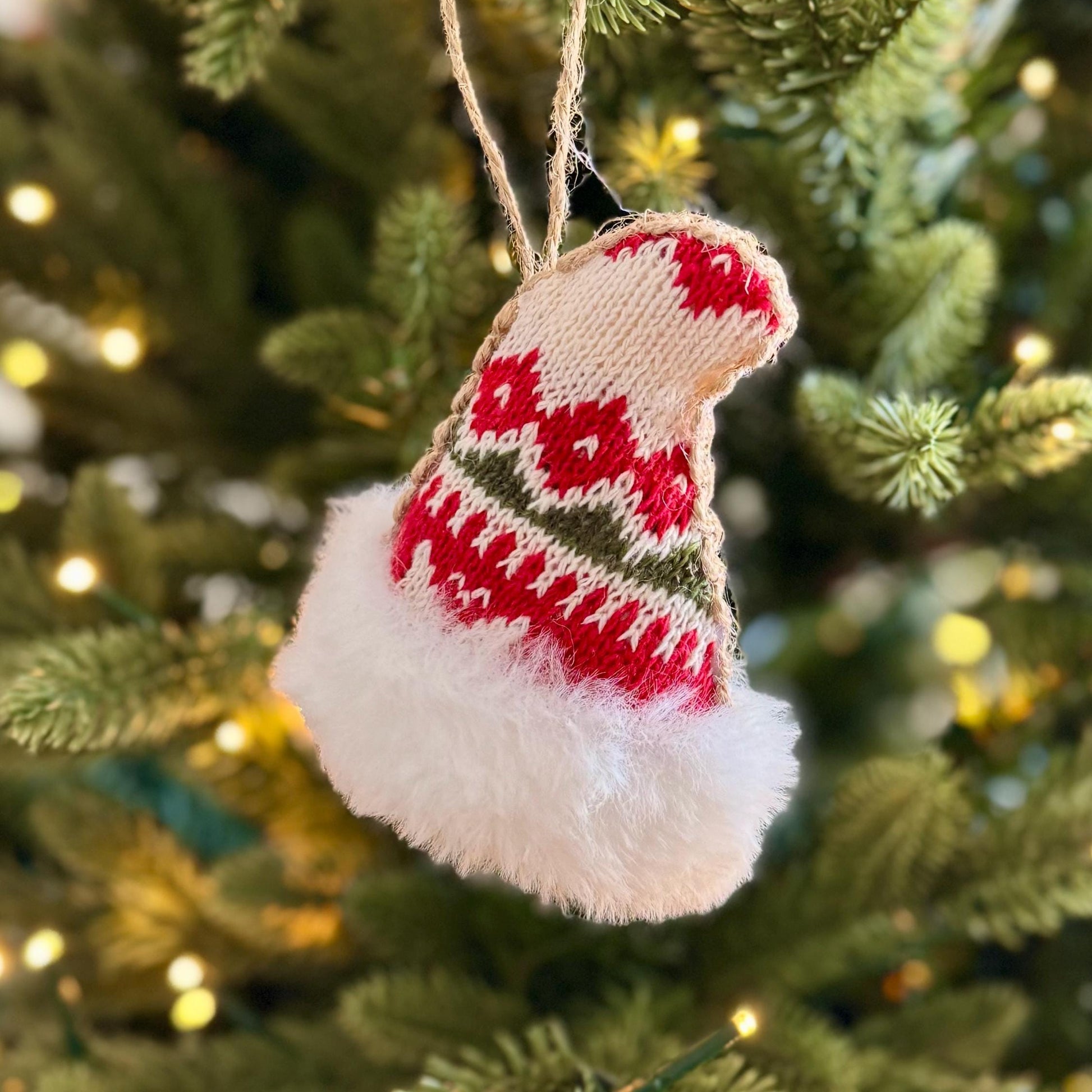 Knitted Santa Hat Bauble – Red & White Fair Isle with Faux Fur Trim