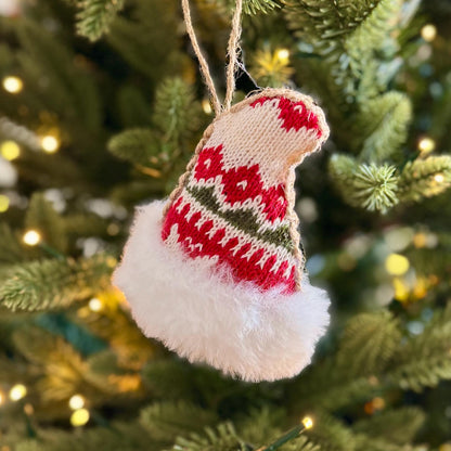 Knitted Santa Hat Bauble – Red & White Fair Isle with Faux Fur Trim