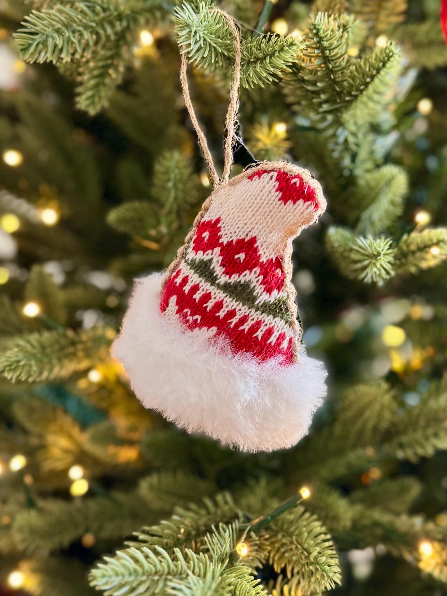 Knitted Santa Hat Bauble - Red & White Fair Isle with Faux Fur Trim