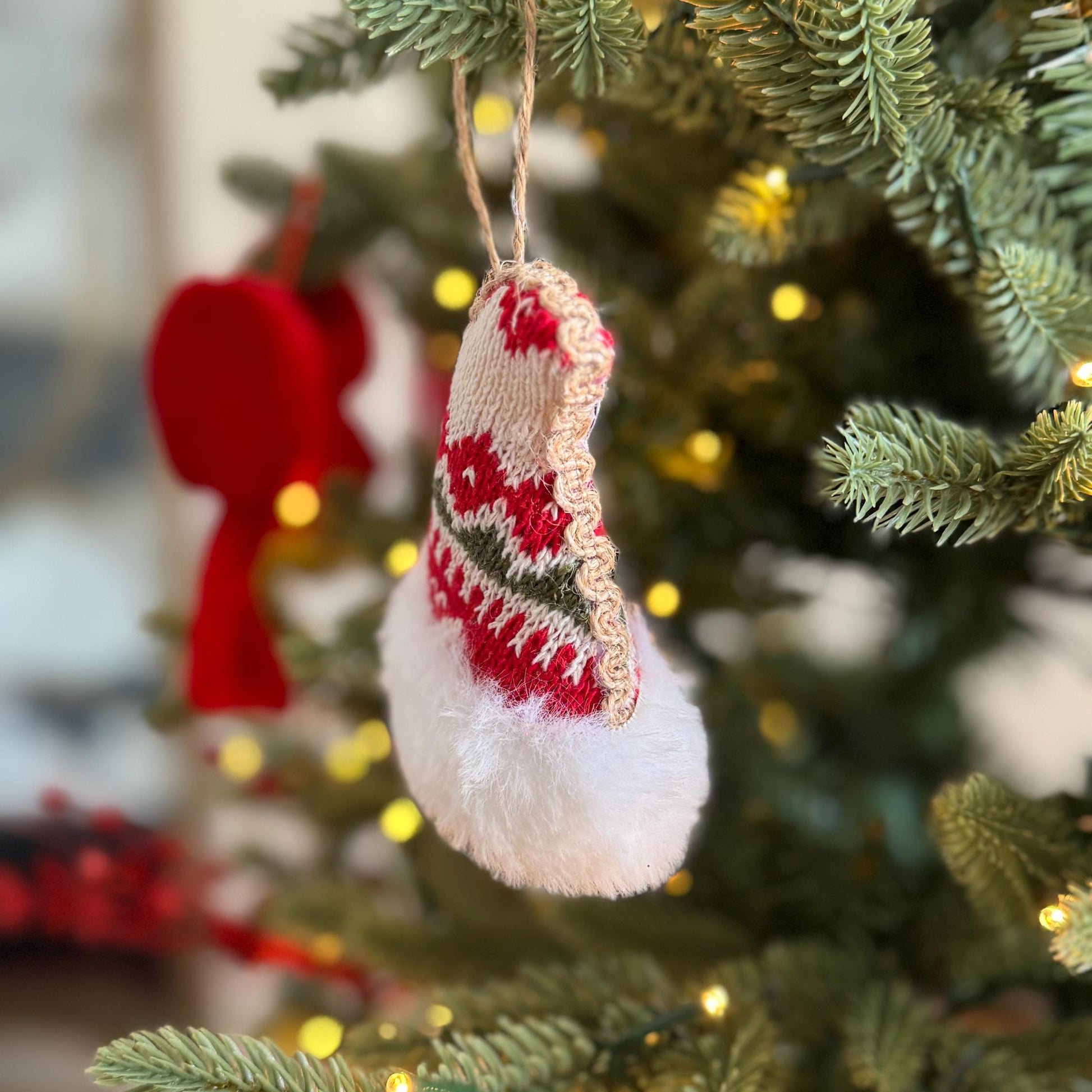 Knitted Santa Hat Bauble – Red & White Fair Isle with Faux Fur Trim