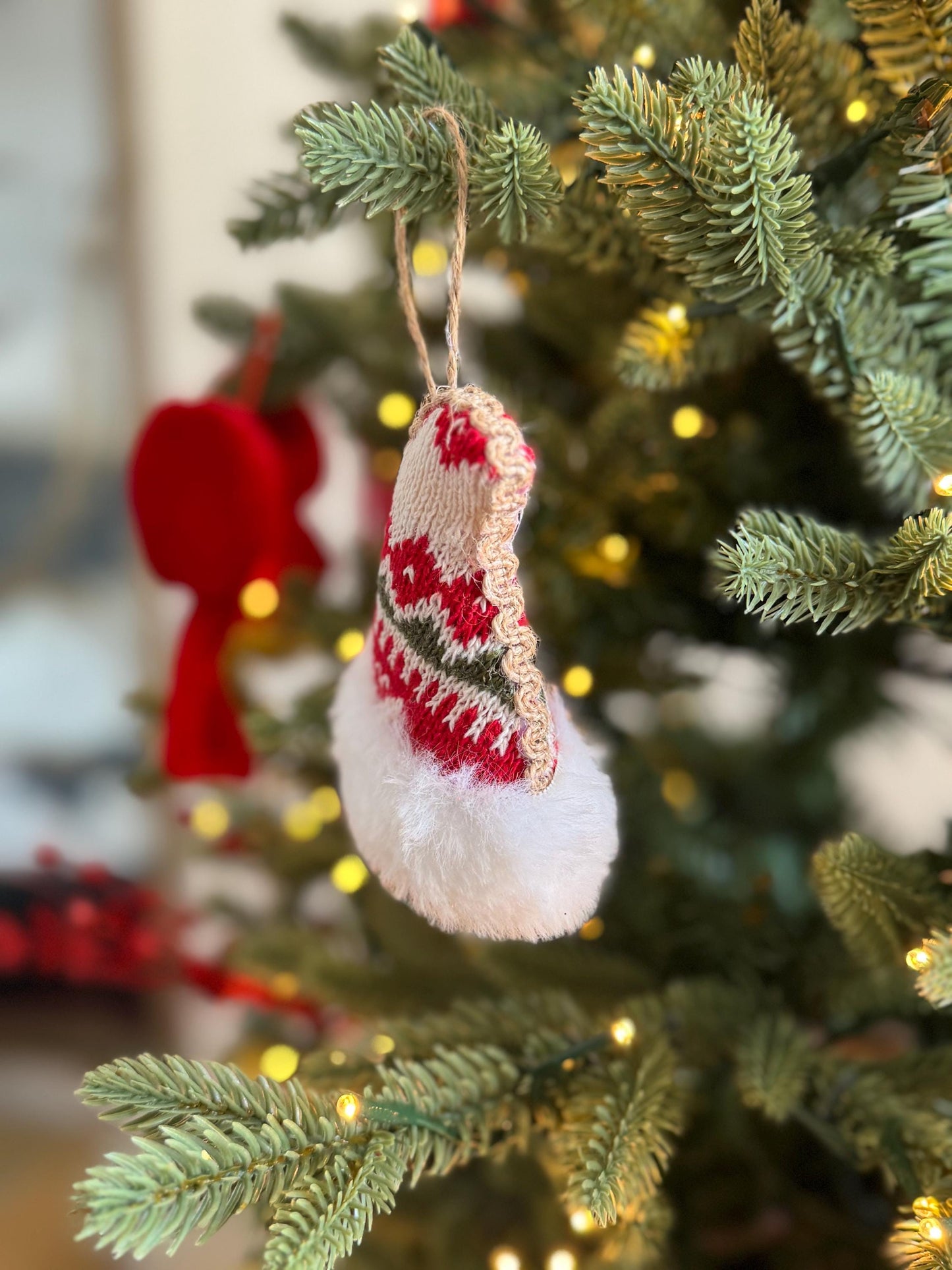Knitted Santa Hat Bauble - Red & White Fair Isle with Faux Fur Trim